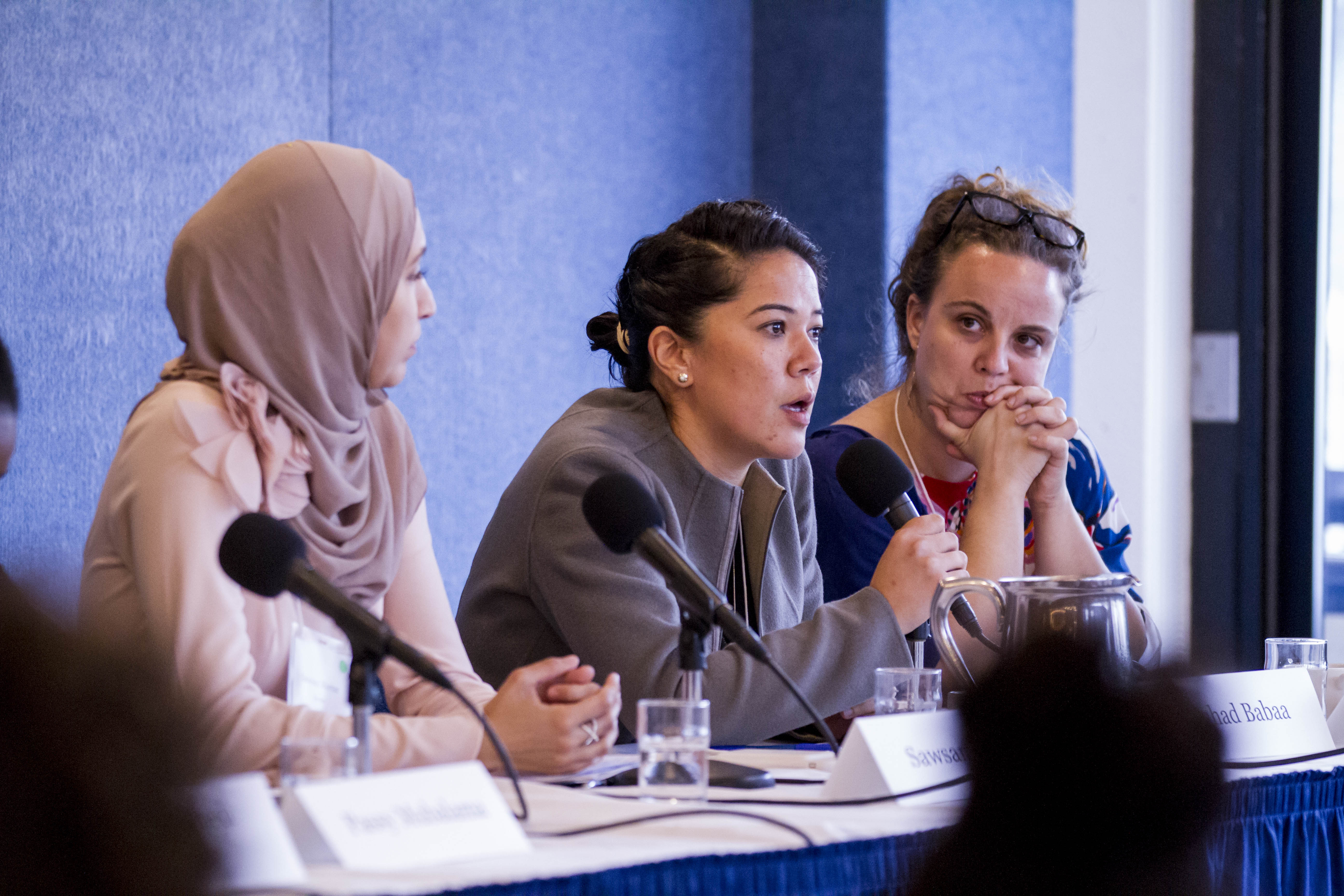 Suhad Babaa, executive director of Just Vision, speaks at a panel on community-level peace building at the "Beyond War" conference. Image by Jin Ding. Washington, D.C., 2018. Suhad Babaa, executive director of Just Vision, speaks at a panel on community-level peace building at the "Beyond War" conference. Image by Jin Ding. Washington, D.C., 2018.