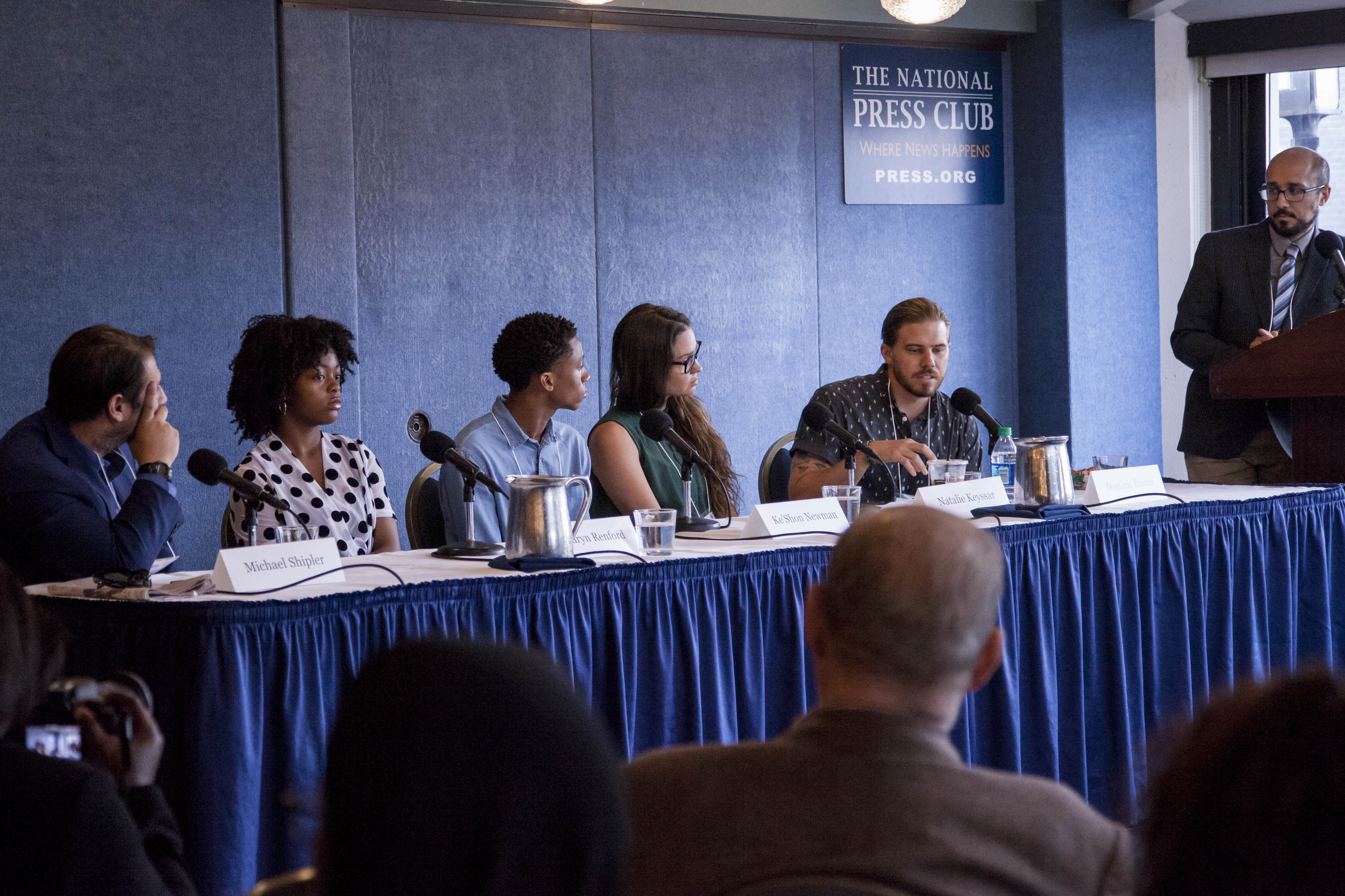 Senior education manager Fareed Mostoufi leads panel discussion on "Youth in Peacebuilding–Globally and in the U.S." at the Pulitzer Center's Beyond War conference at the National Press Club. Image by Jin Ding. Washington, D.C., 2018. Media file: 2018beyondwar060618_21.jpg