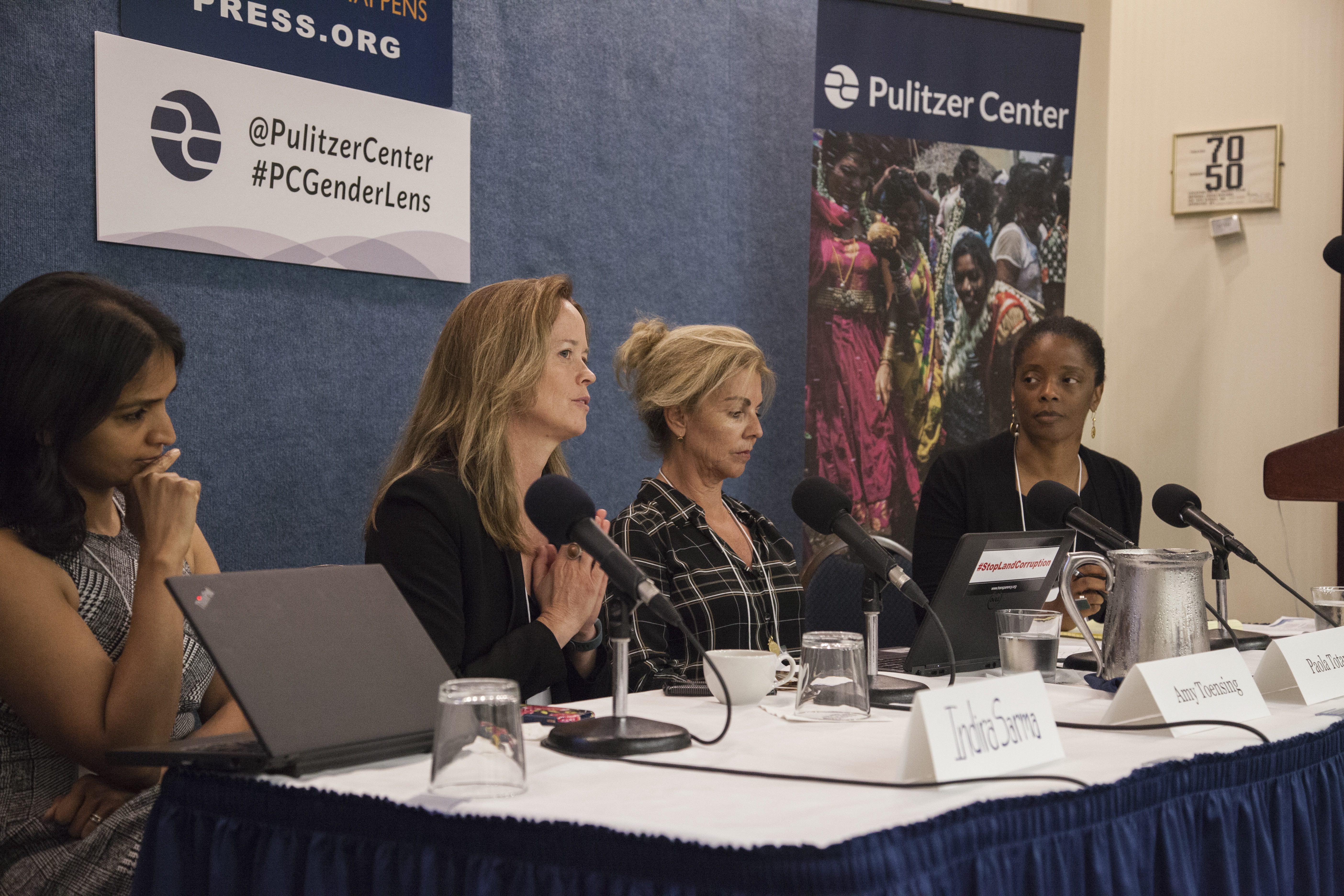 Property Rights panelists (left to right) Indira Sarma, Amy Toensing, Paola Totaro, and LaShawn Jefferson (moderator) at the Pulitzer Center Gender Lens conference. Image by Jin Ding. United States, 2017. Property Rights panelists (left to right) LaShawn Jefferson, Amy Toensing, Paola Totaro, and Indira Sarma speak at the Pulitzer Center Gender Lens conference. Image by Jin Ding. United States, 2017.