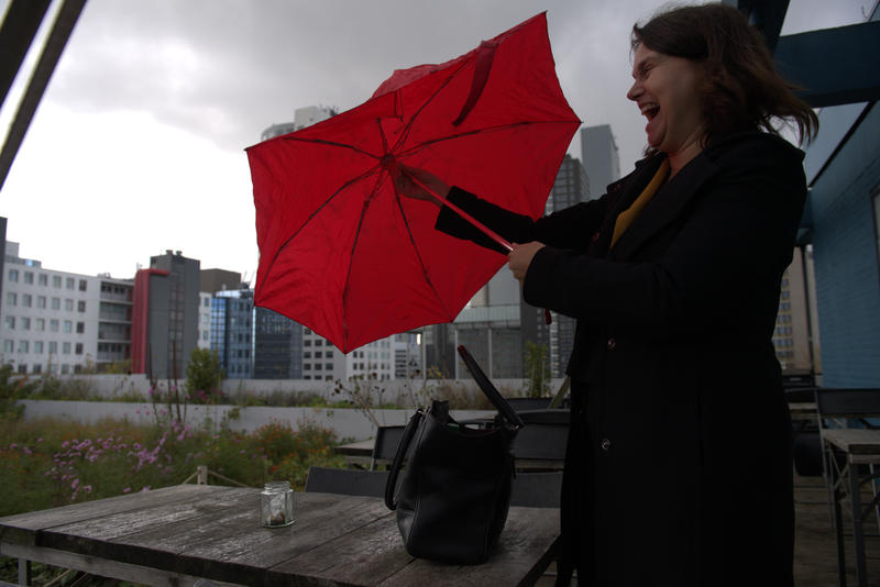 The wind blows the umbrella of Esther van Geloven, a Dutch government policy officer, at a rooftop garden in Rotterdam. Photo by Chris Granger, The Times-Picayune | The New Orleans Advocate. Netherlands, undated. The wind blows the umbrella of Esther van Geloven, a Dutch government policy officer, at a rooftop garden in Rotterdam. Photo by Chris Granger, The Times-Picayune | The New Orleans Advocate. Netherlands, undated.