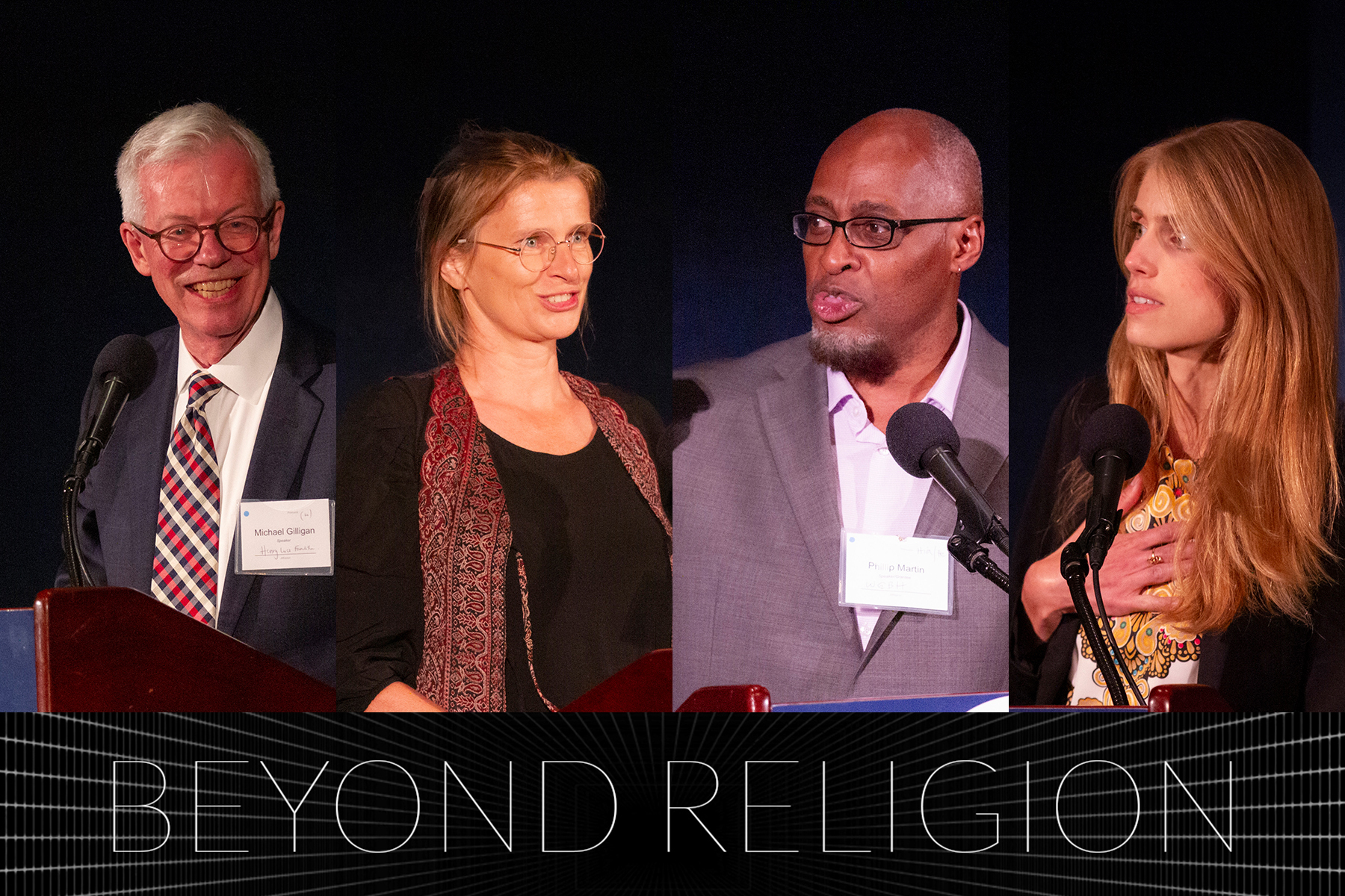 Michael Gilligan, president of the Luce Foundation, and photojournalist Monika Bulaj, investigative reporter Phillip Martin, and freelance journalist Sarah Aziza speak at the National Press Club during Saturday's dinner at the Pulitzer Center's Beyond Religion Conference. Image by Jin Ding. United States, 2019. Michael Gilligan, president of the Luce Foundation, and photojournalist Monika Bulaj, investigative reporter Phillip Martin, and freelance journalist Sarah Aziza speak at the National Press Club during Saturday's dinner at the Pulitzer Center's Beyond Religion Conference. Image by Jin Ding. United States, 2019.