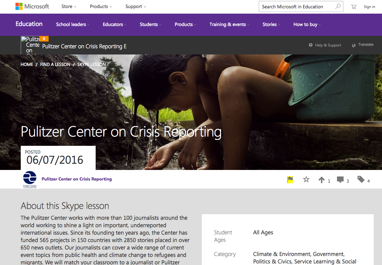Teachers register for free Skype sessions with Pulitzer Center journalists using Skype in the Classroom, a website set up by Microsoft for education initiatives. Image by Fareed Mostoufi, 2016. Media file: screen_shot_2016-06-20_at_3.45.39_pm.png