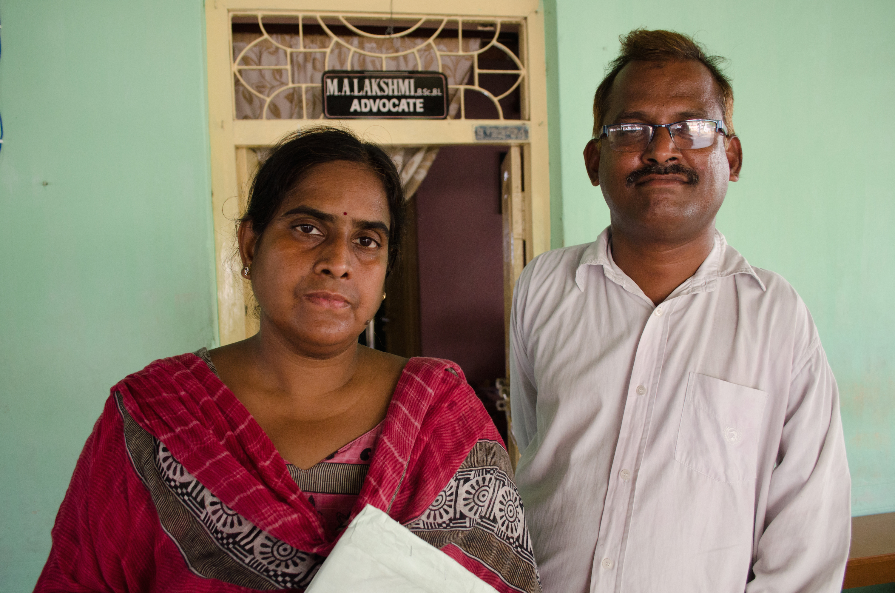 Venkateswarlu Manam and Lakshmi Marella, a husband and wife who work
for organizations in Visakhapatnam that defend the rights of
slum residents, laborers, and women. Image by Zach Hollo. India, 2015. Media file: v-4.jpg