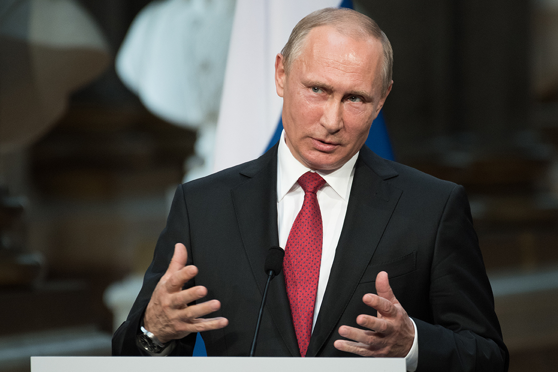 Russian President Vladimir Putin speaking at a press conference at the Palace of Versailles. Image by Frederic Legrand - COMEO / Shutterstock.com. France, 2017. Russian President Vladimir Putin speaking at a press conference at the Palace of Versailles. Image by Frederic Legrand - COMEO / Shutterstock.com. France, 2017.