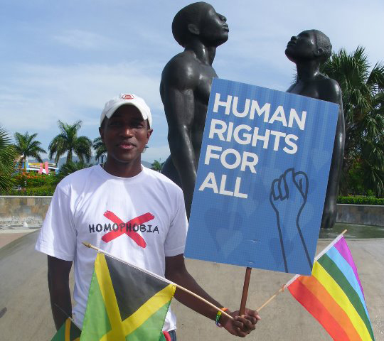 Maurice Tomlinson demonstrating in Kingston. Image by Micah Fink. Jamaica, 2013. Media file: maurice_stand.jpg