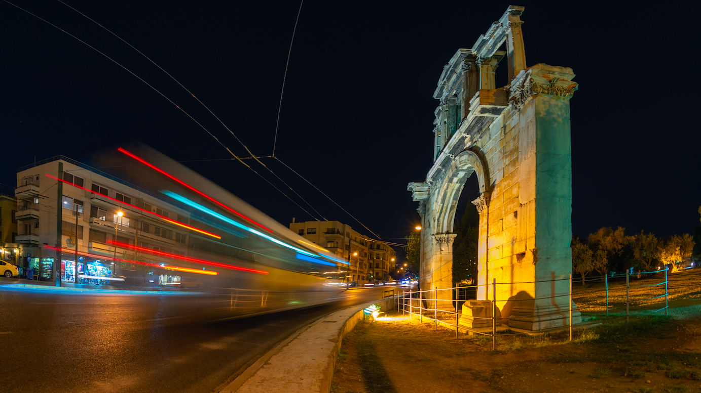 In the Arch of Hadrian at night. Image by Kostas Tsek / Shutterstock. Greece, undated. In the Arch of Hadrian at night. Image by Kostas Tsek / Shutterstock. Greece, undated.