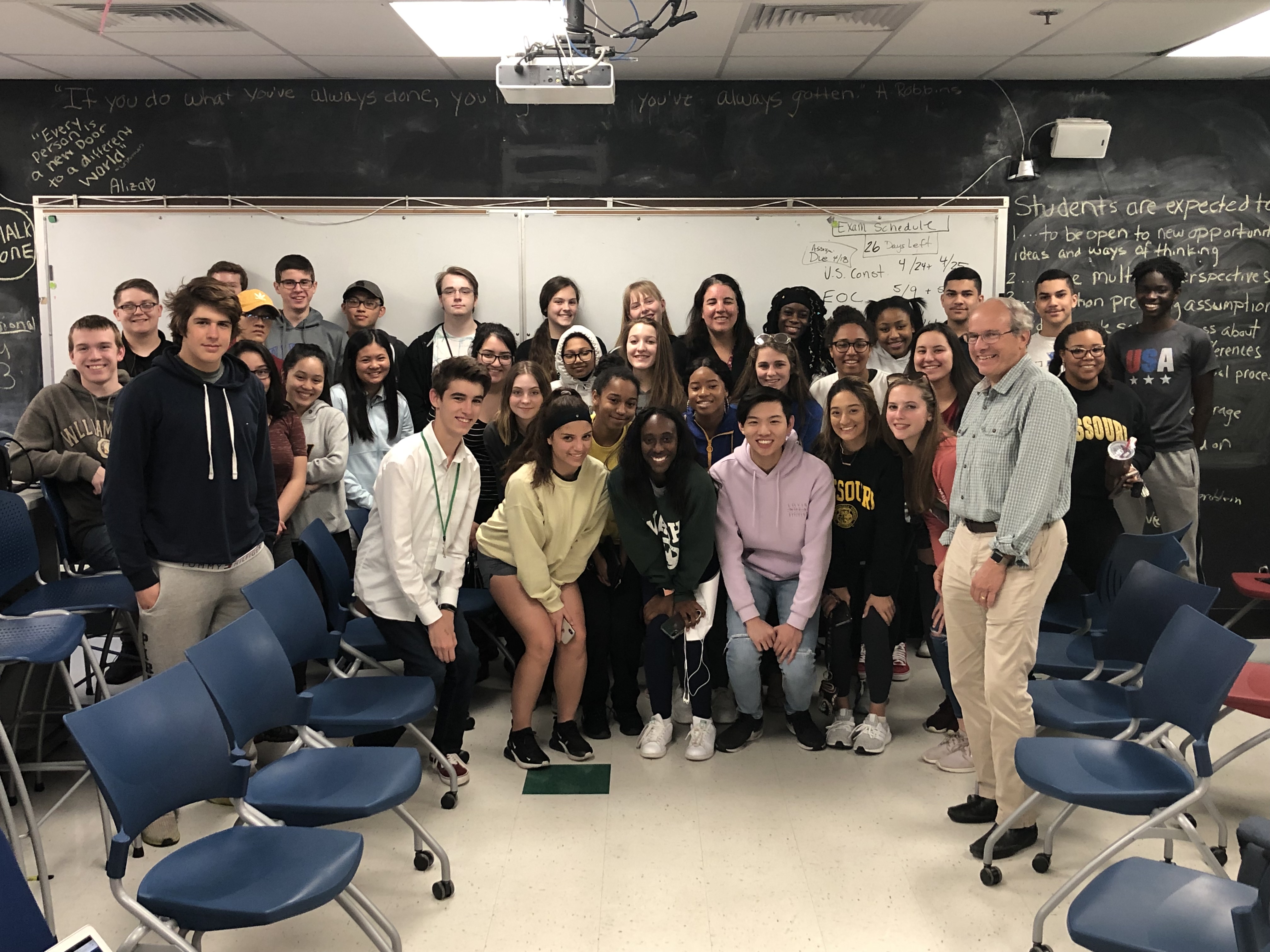 Bill Freivogel poses with students from Pattonville High School after their discussion about civil asset forfeiture. Maryland Heights, MO, 2019. Image courtesy Pattonville High School. Bill Freivogel poses with students from Pattonville High School after their discussion about civil asset forfeiture. Maryland Heights, MO, 2019. Image courtesy Pattonville High School.