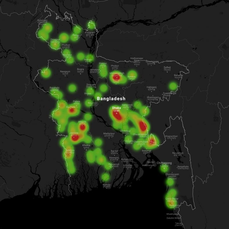 A heat map of drug killings in Bangladesh. Image by Siddharthya Roy. Bangladesh, 2018. A heat map of drug killings in Bangladesh. Image by Siddharthya Roy. Bangladesh, 2018.