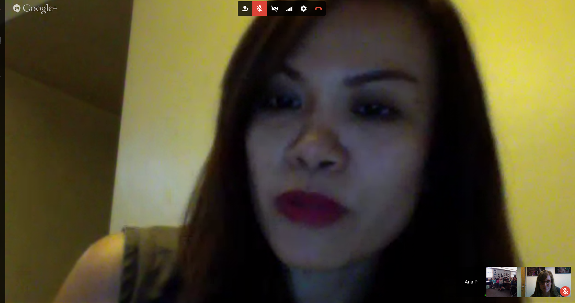 Pulitzer Center grantee and 2014 Persephone Miel fellow Ana Santos on a Google Hangout with Melissa Quiter's Journalism 1 class and Pulitzer Center education coordinator Amanda Ottaway. Screen capture by Amanda Ottaway. California, 2015.