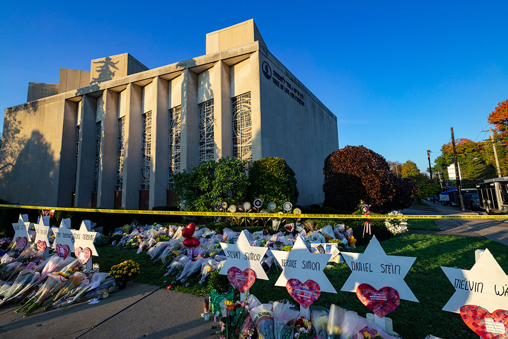 A makeshift shrine to the victims of Saturday's deadly shooting outside of Tree of Life synagogue in Pittsburgh. Image by Brendt A Petersen / Shutterstock.com. United States, 2018. A makeshift shrine to the victims of Saturday's deadly shooting outside of Tree of Life synagogue in Pittsburgh. Image by Brendt A Petersen / Shutterstock.com. United States, 2018.
