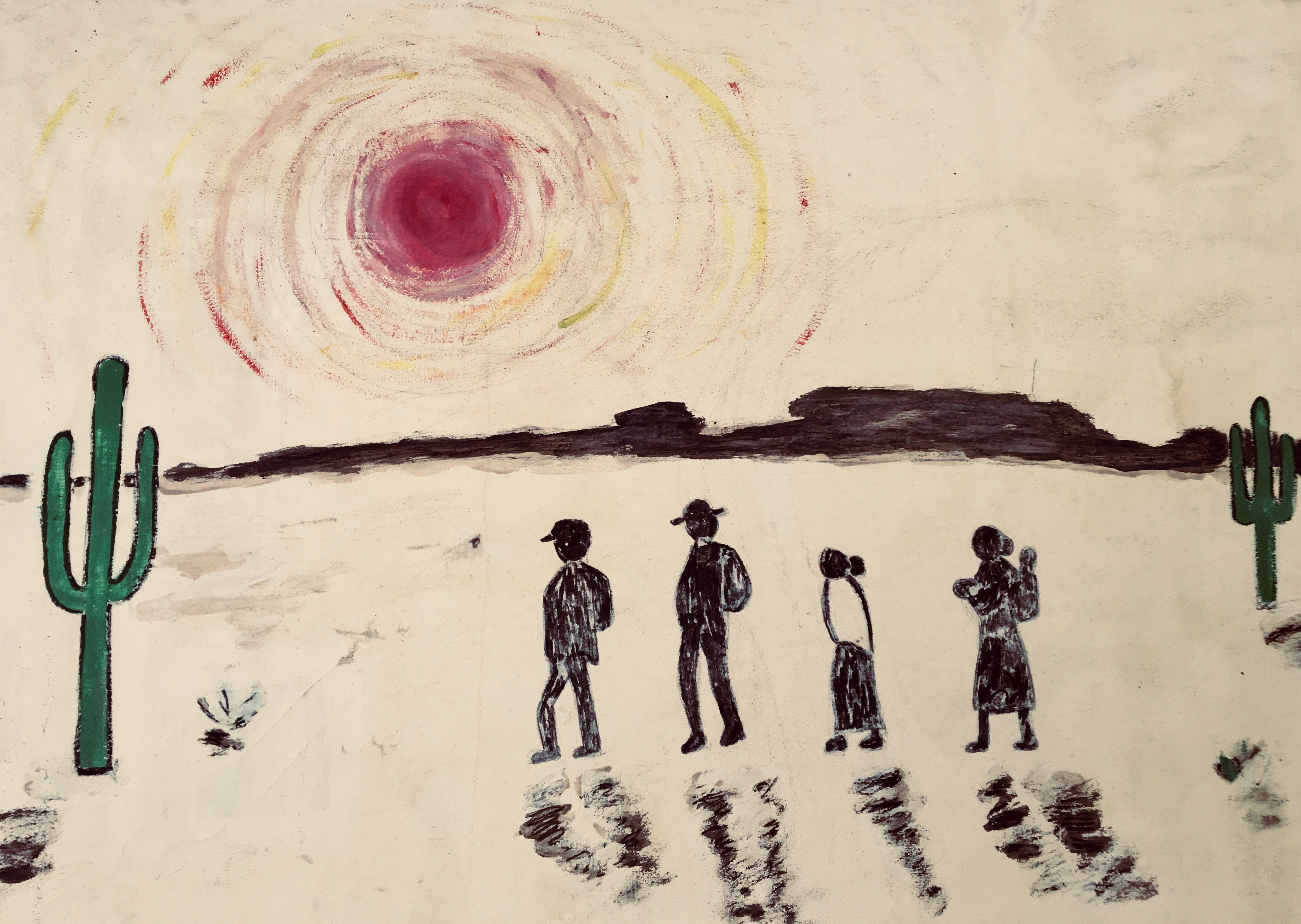 A painting of migrants by Sister Betty Campbell, at her home in Juárez. Image by Lily Moore-Eissenberg. Mexico, 2019. A painting of migrants by Sister Betty Campbell, at her home in Juárez. Image by Lily Moore-Eissenberg. Mexico, 2019.