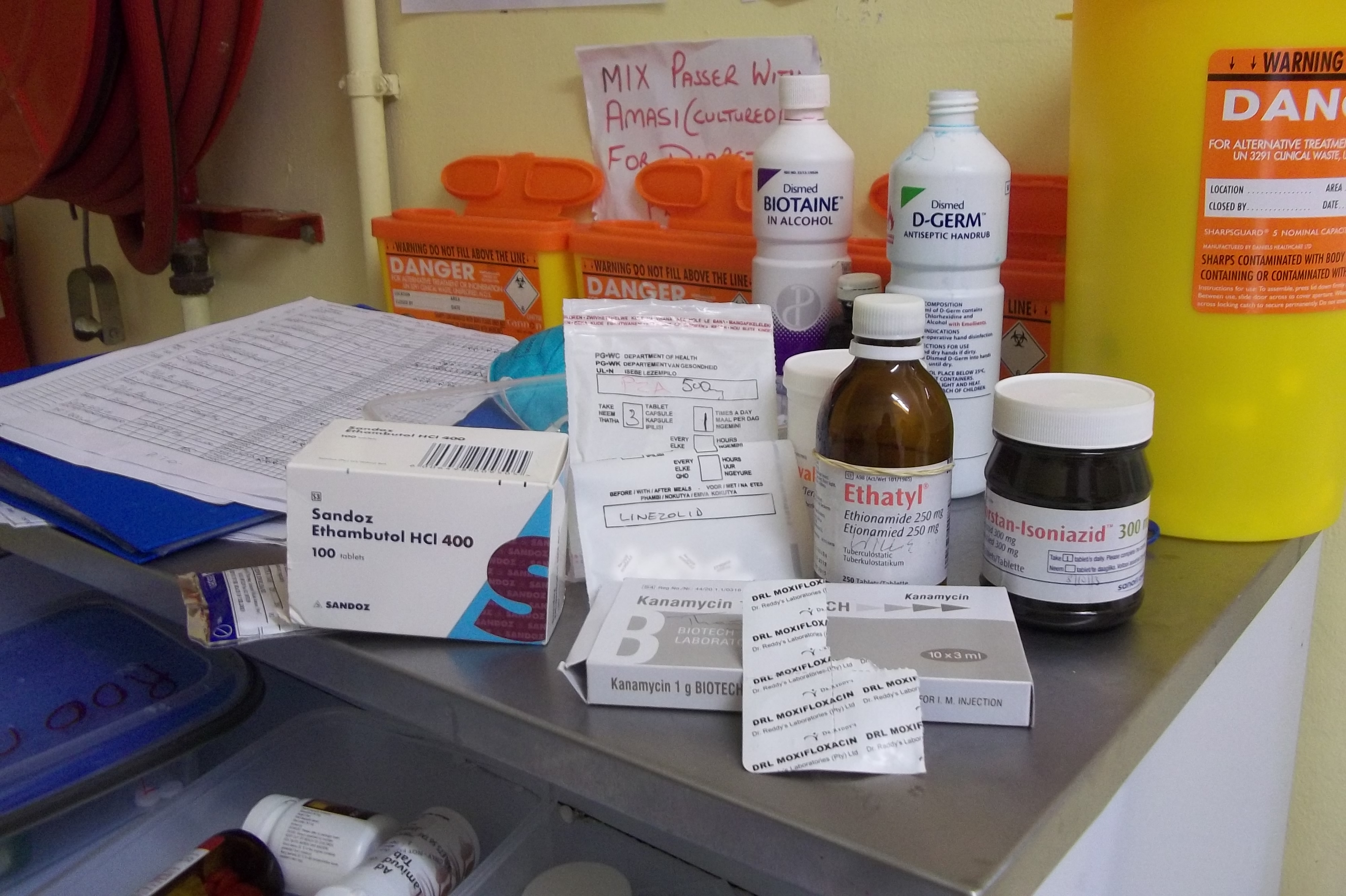 Extensive drug regimens are needed to treat drug-resistant forms of tuberculosis. Image be Meera Senthilingam. South Africa, 2014. Media file: 102_1008.jpg
