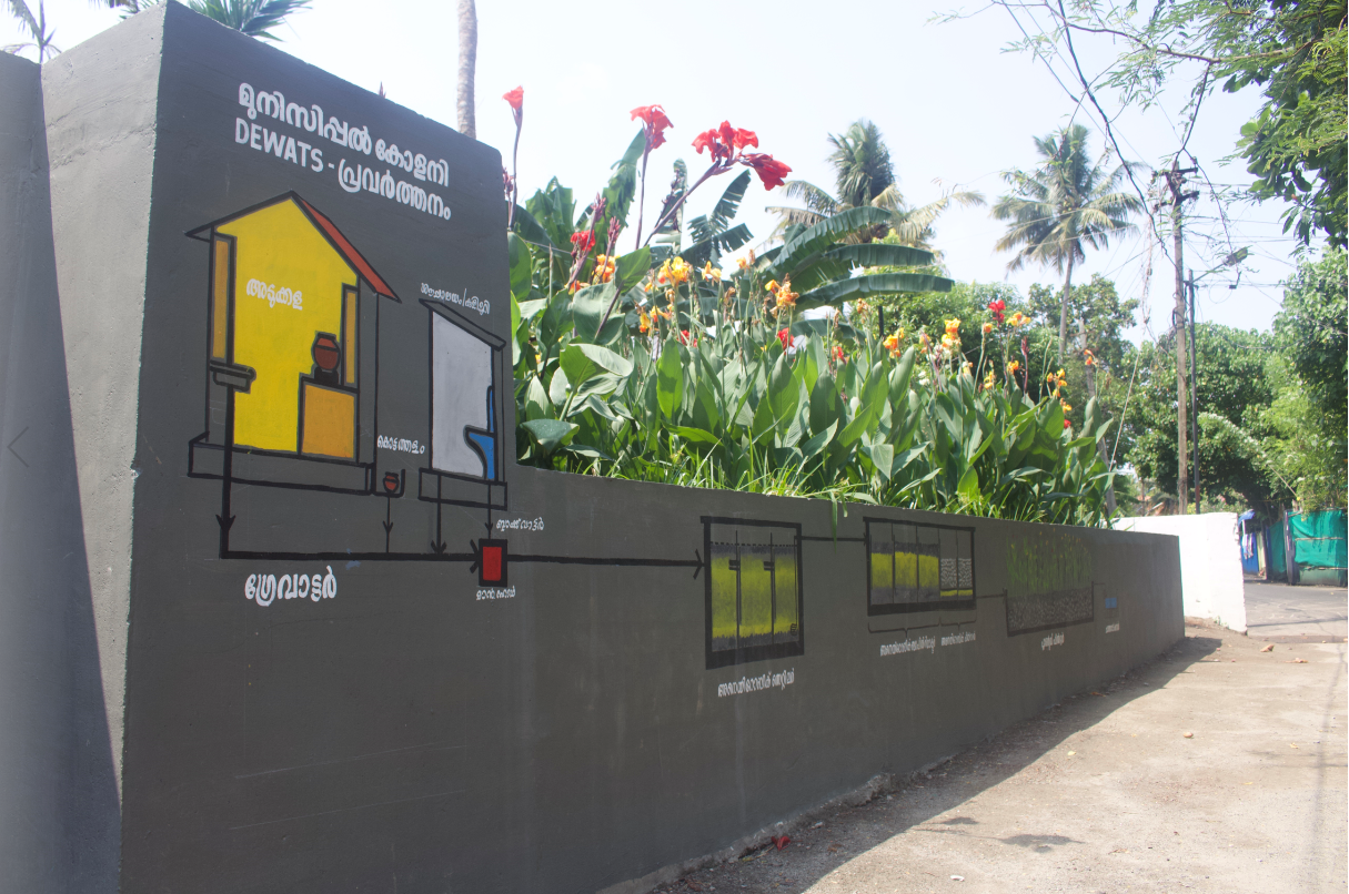 A system for aerobically treating wastewater in Chathanad Colony is one example of decentralized waste management, a technique of dealing with waste in a community where conventional methods are not as feasible. Image by Katelyn Weisbrod. India, 2019. A system for aerobically treating wastewater in Chathanad Colony is one example of decentralized waste management, a technique of dealing with waste in a community where conventional methods are not as feasible. Image by Katelyn Weisbrod. India, 2019.