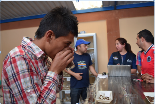 Meet the future generation of coffee: University students are being trained as coffee analysts. in the production of coffee. for this young man, coffee is more than a job, it is a way to help his community grow. Image by Camila DeChalus. Colombia, 2016. "Meet the future generation of coffee " In CRS coffee labs, university students are being trained in the production of coffee. When I asked this young man if this was something they wanted to do all their life. He responded “of course.” For him coffee is more than a job, it is a way to help their communities grow and have a better life. Image by Camila DeChalus. Colombia, 2016.