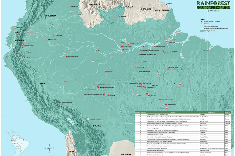 A map, designed by cartographer Marcos Brito, depicts all Rainforest Journalism Fund projects reported since the initiative's launch in 2018. Image by Jan Rocha. Brazil, 2019. A map, designed by cartographer Marcos Brito, depicts all Rainforest Journalism Fund projects reported since the initiative's launch in 2018. Image by Jan Rocha. Brazil, 2019.