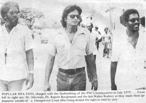Rupert Roopnaraine (center) with Walter Rodney (right) and their WPA colleague Omowale in 1979, in a newspaper photograph published after Rodney’s death. Media file: roopnaraine-1979.jpg