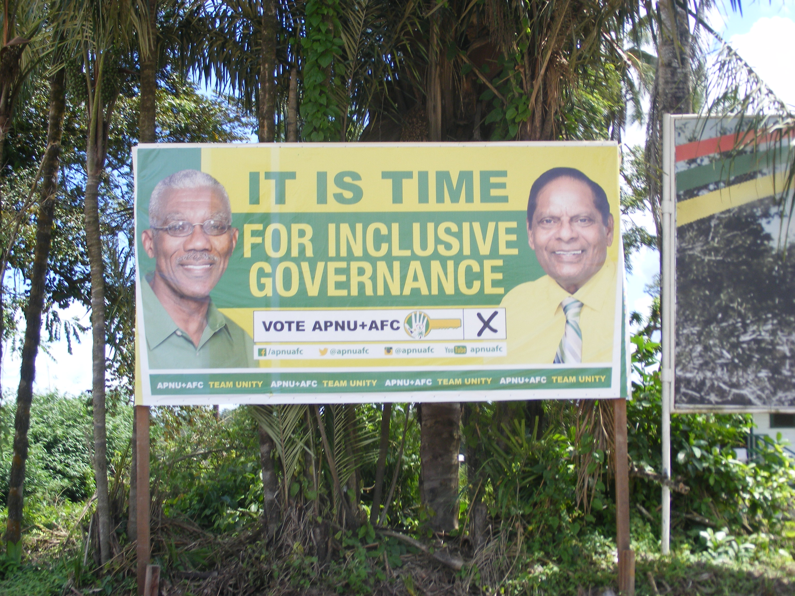 The coalition that unseated the ruling party ran on a message of national racial unity. Its presidential candidate was retired Brigadier General David Granger and it prime ministerial candidate, Moses Nagamootoo. Image by Gaiutra Bahadur. Guyana, 2015. Media file: dscf7701.jpg