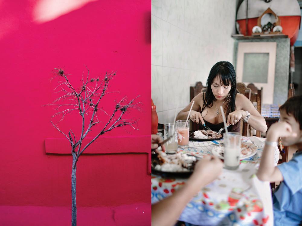 LEFT: A tree stands in a small park near a polling place in Catia, a neighborhood of Caracas, the day government supporters lost their majority to the opposition in parliament. RIGHT: A family eats at a restaurant in Antímano, Caracas. Images by Natalie Keyssar. Venezuela, 2016. Venezuela Keyssar 3