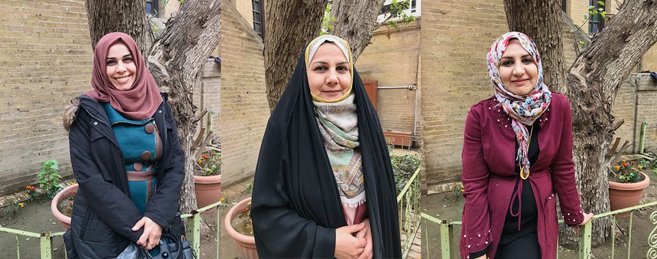 (L-R) Zahra Ahmad's aunts Amira Sibte, Samira Sibte and Rebab Sibte pose for photos. The women are Baba's younger sisters. Image by Zahra Ahmad. Iraq, 2019. (L-R) Zahra Ahmad's aunts Amira Sibte, Samira Sibte and Rebab Sibte pose for photos. The women are Baba's younger sisters. Image by Zahra Ahmad. Iraq, 2019.