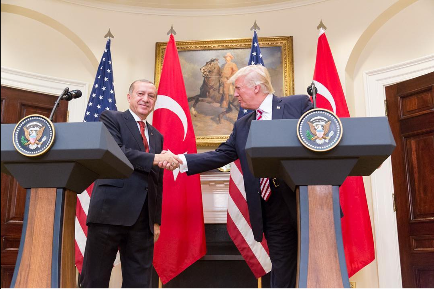 President Trump and President Erdoğan give a joint statement in the Roosevelt Room at the White House, Tuesday, May 16, 2017 in Washington, D.C. Image courtesy of The White House. United States, 2017. President Trump and President Erdoğan give a joint statement in the Roosevelt Room at the White House, Tuesday, May 16, 2017 in Washington, D.C. Image courtesy of The White House. United States, 2017.