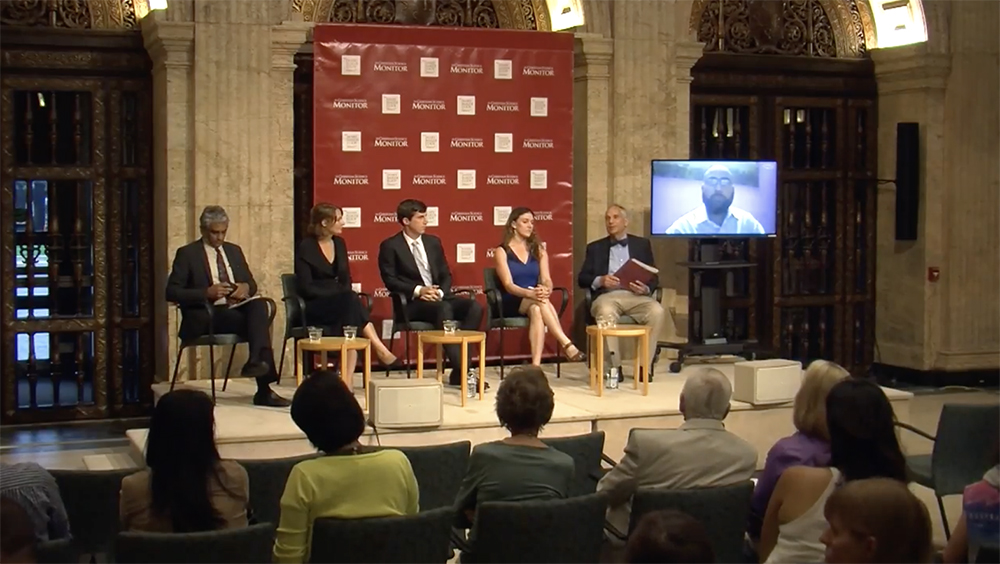 Fred de Sam Lazaro, Ann Hermes, Michael Holtz, Elizabeth Donger, Jonathon Eder and Homraj Acharya. Image by the Mary Baker Eddy Library. United States, 2016. Panel: Out of Bondage