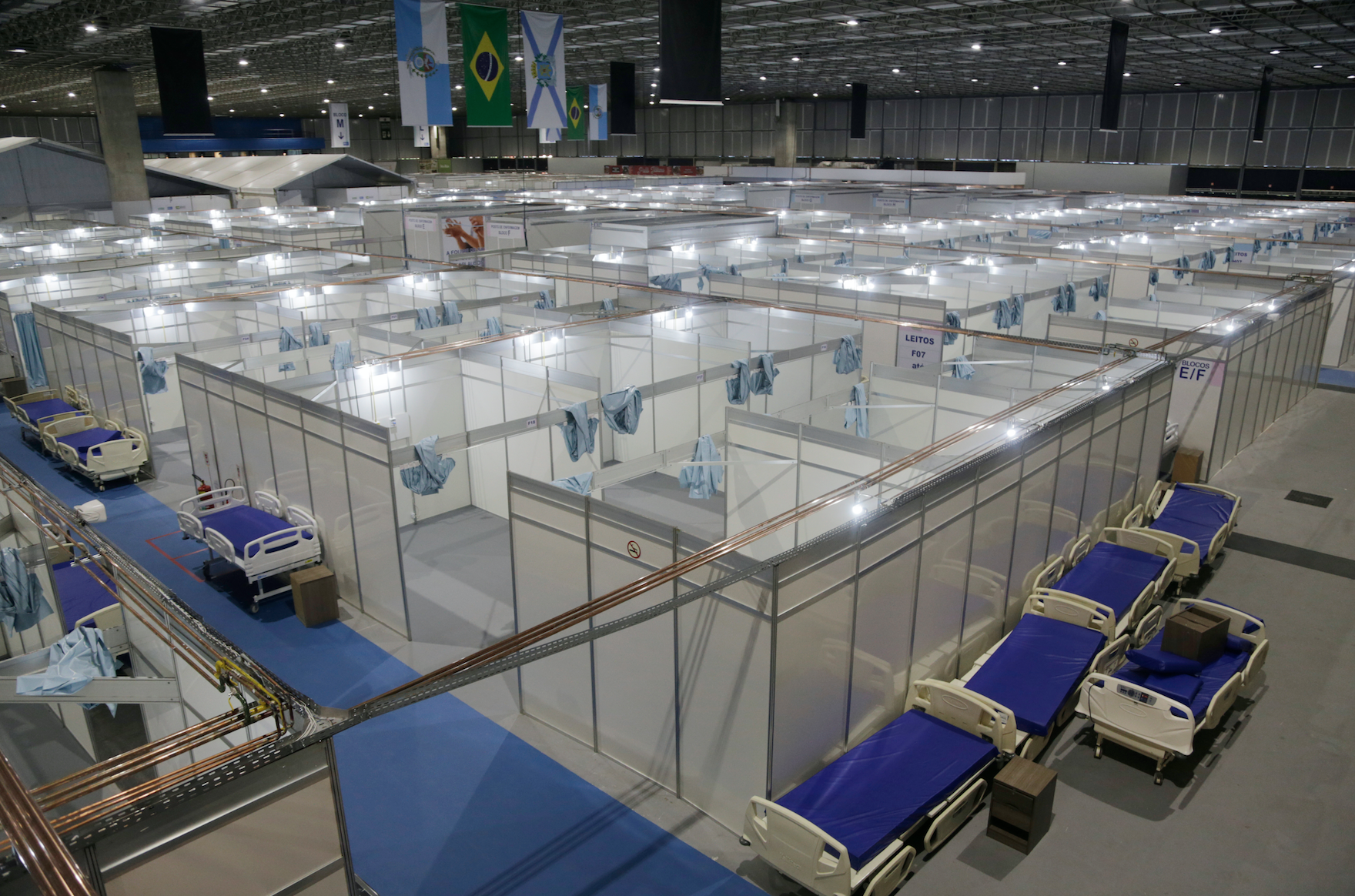 Rio de Janeiro, Brazil. April 29, 2020. An overview of an emergency field hospital is seen at Riocentro to receive COVID-19 patients. Image by Antonio Scorza / Shutterstock. Brazil, 2020. Rio de Janeiro, Brazil. April 29, 2020. An overview of an emergency field hospital is seen at Riocentro to receive COVID-19 patients. Image by Antonio Scorza / Shutterstock. Brazil, 2020.