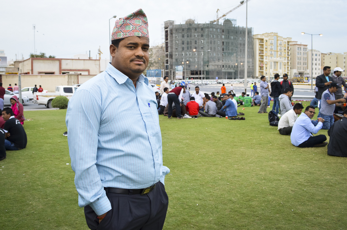 Dhurba B.K. attends a gathering of Nepalese migrant workers in Doha, Qatar. B.K. is one of about 400,000 Nepalese workers there, many of whom struggled with whether to stay after an April 2015 earthquake damaged huge portions of Nepal. Image by Shilu Manandhar. Qatar, 2016. Dhurba B.K. attends a gathering of Nepalese migrant workers in Doha, Qatar. B.K. is one of about 400,000 Nepalese workers there, many of whom struggled with whether to stay after an April 2015 earthquake damaged huge portions of Nepal. Image by Shilu Manandar. Qatar, 2016.