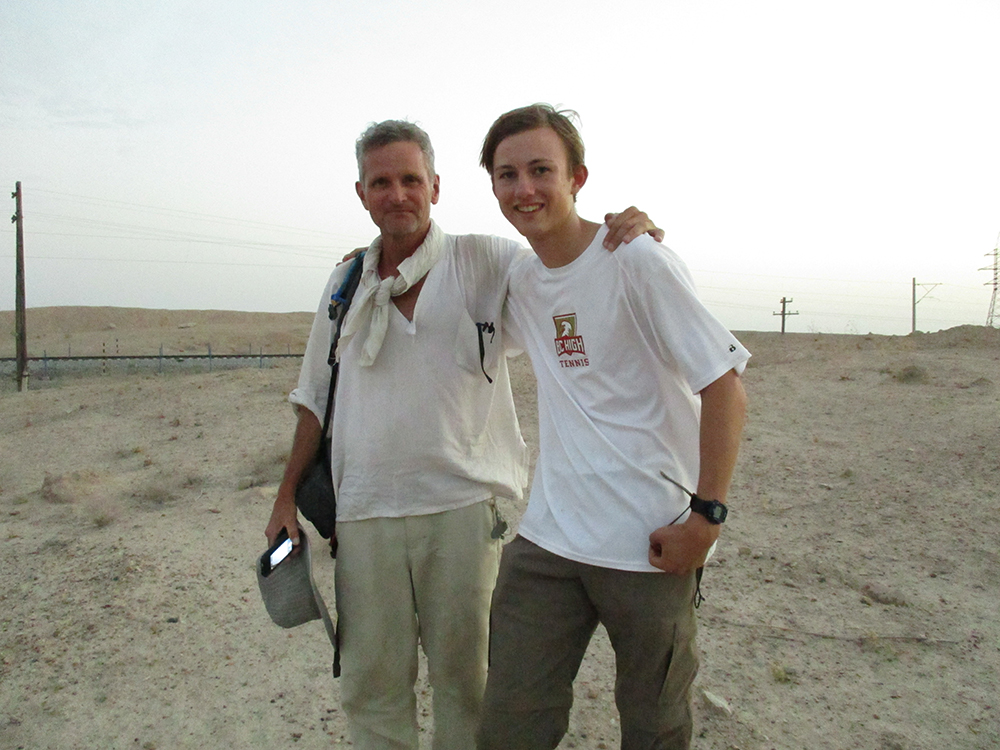 Paul Salopek with Out of Eden Walk essay contest winner Nick Fahy. Image by Mark Schulte. Uzbekistan, 2016. Paul Salopek with Out of Eden Walk essay contest winner Nick Fahy.