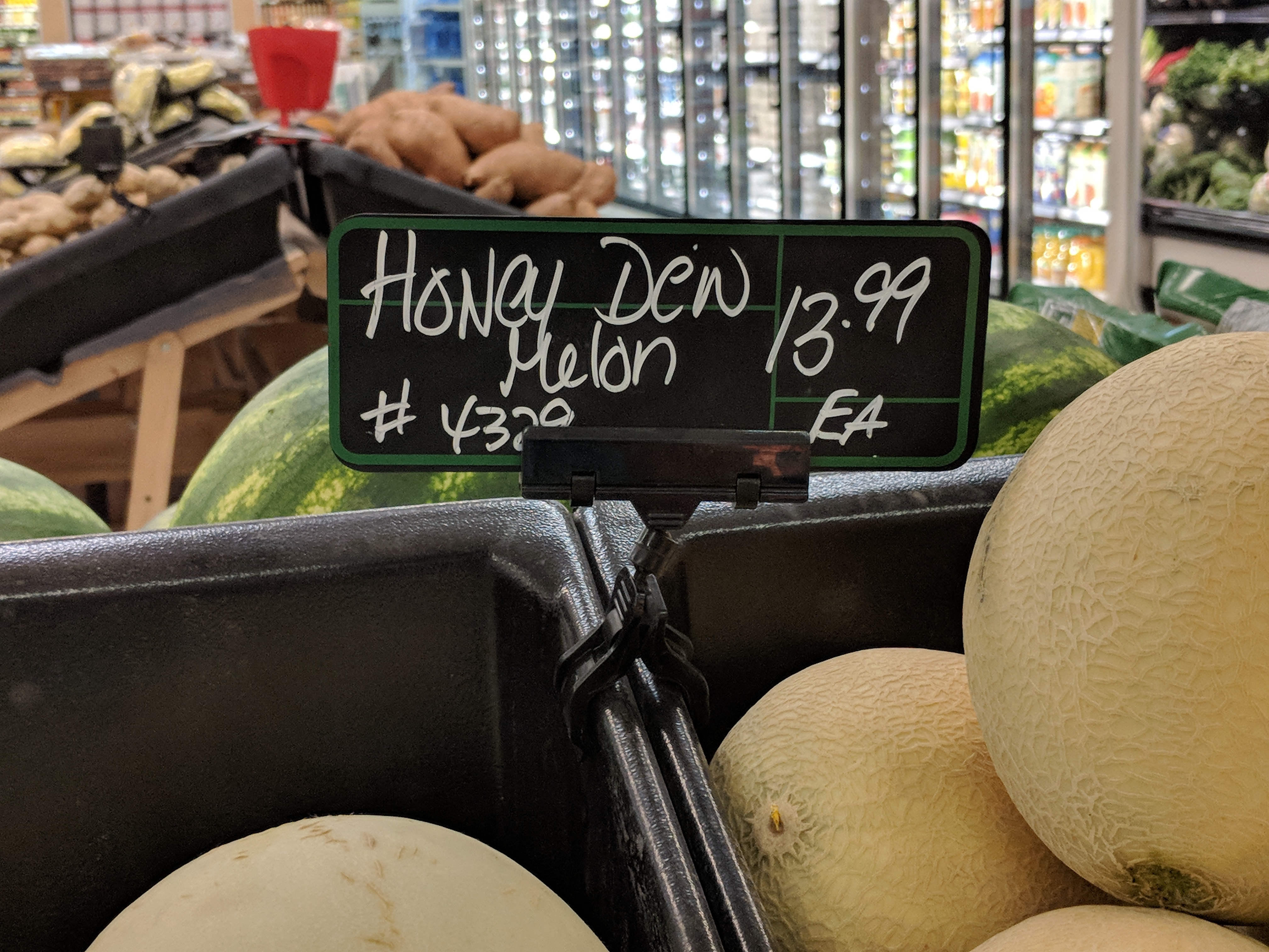 Honeydew melons, which would cost about $6 each in southern Canada, are on sale at Iqaluit's Arctic Ventures Marketplace for $13.99. Image by Julie De Meulemeester. Canada, 2018. Honeydew melons, which would cost about $6 each in southern Canada, are on sale at Iqaluit's Arctic Ventures Marketplace for $13.99. Image by Julie De Meulemeester. Canada, 2018.