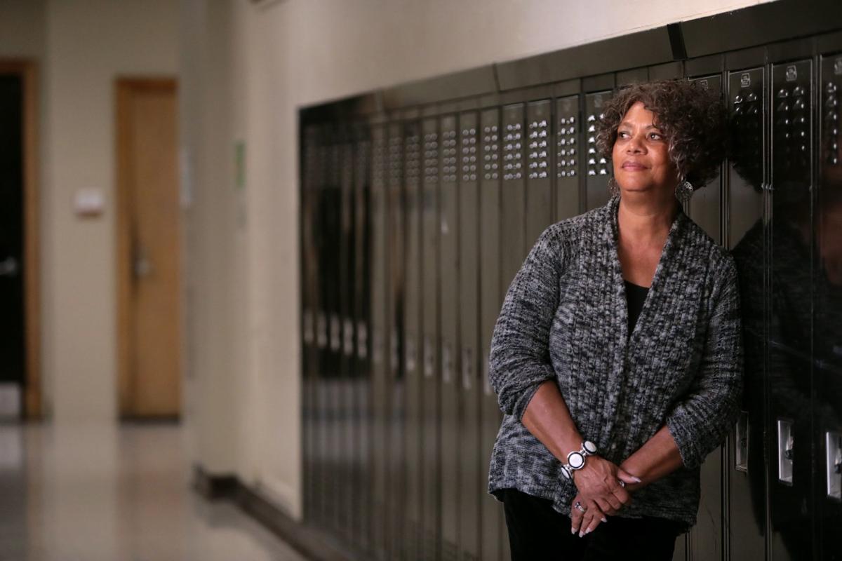 Judy Gladney, 67, poses for a portrait at University City High School. Gladney was among the first African-American students to integrate the high school. Image by Cristina M. Fletes. United States, 2019. Judy Gladney, 67, poses for a portrait at University City High School. Gladney was among the first African-American students to integrate the high school. Image by Cristina M. Fletes. United States, 2019.