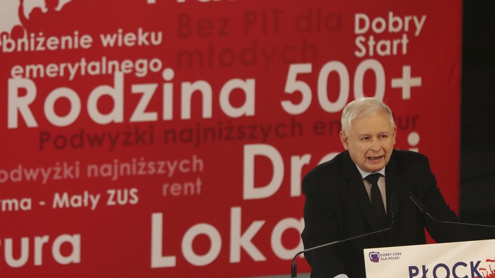 Jaroslaw Kaczyński, the leader of Poland's governing party, and his colleagues have appealed to voters with the Family 500+ program. Image by Czarek Sokolowski. Poland, 2019. Jaroslaw Kaczyński, the leader of Poland's governing party, and his colleagues have appealed to voters with the Family 500+ program. Image by Czarek Sokolowski. Poland, 2019.