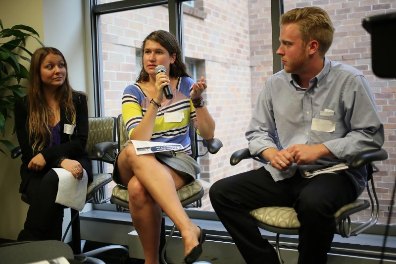 Janice Cantieri (left), Katie Mathieson (center) and Tom Clement (right) discuss their reporting on the impact of climate change in Kiribati, Patagonia and India. Media file: 6256ab5b-d6ec-4c60-b723-fe1a2843851f.jpg