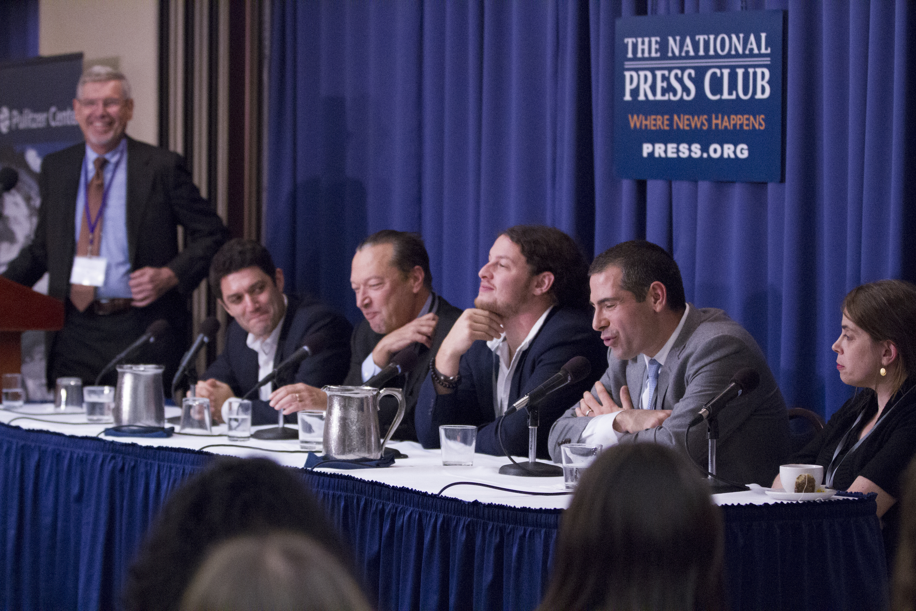 Reporting in the Middle East panel, moderated by Senior Editor Tom Hundley, far left. Panelists include Jake Silverstein, Scott Anderson, Ben Solomon, Yochi Dreazen and Robin Shulman. Image by Jin Ding. Washington, D.C., 2016. Media file: pressclub10anniversary3221_copy.jpg