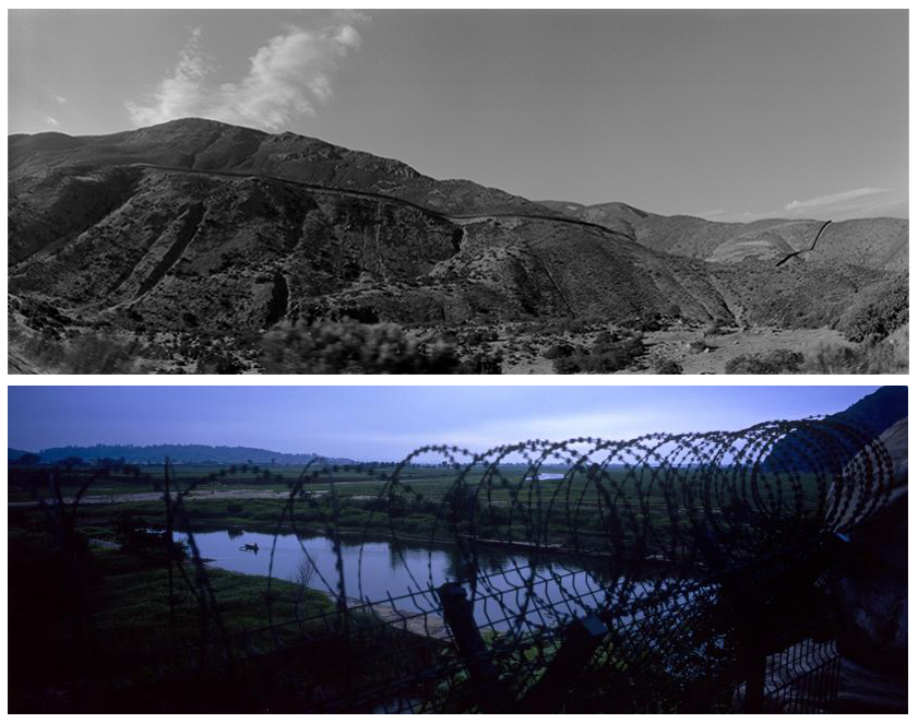 Top image: Looking north from east of Tijuana, Mexico: The U.S. border fence cuts through mountains in the states of California in the U.S. and Baja California in Mexico. Image by © Louie Palu/ZUMA. Mexico, 2012.
Bottom image: A small rowboat used by a scrap smuggler is seen inside North Korea, beyond razor wire from the Chinese side of the border near Dandong, China. North Korean soldiers and workers were observed loading scrap metal into the boat before it crossed the Yalu river to the Chinese riverbank at an illegal crossing point. Image © Tomas van Houtryve/VII. China, 2013.