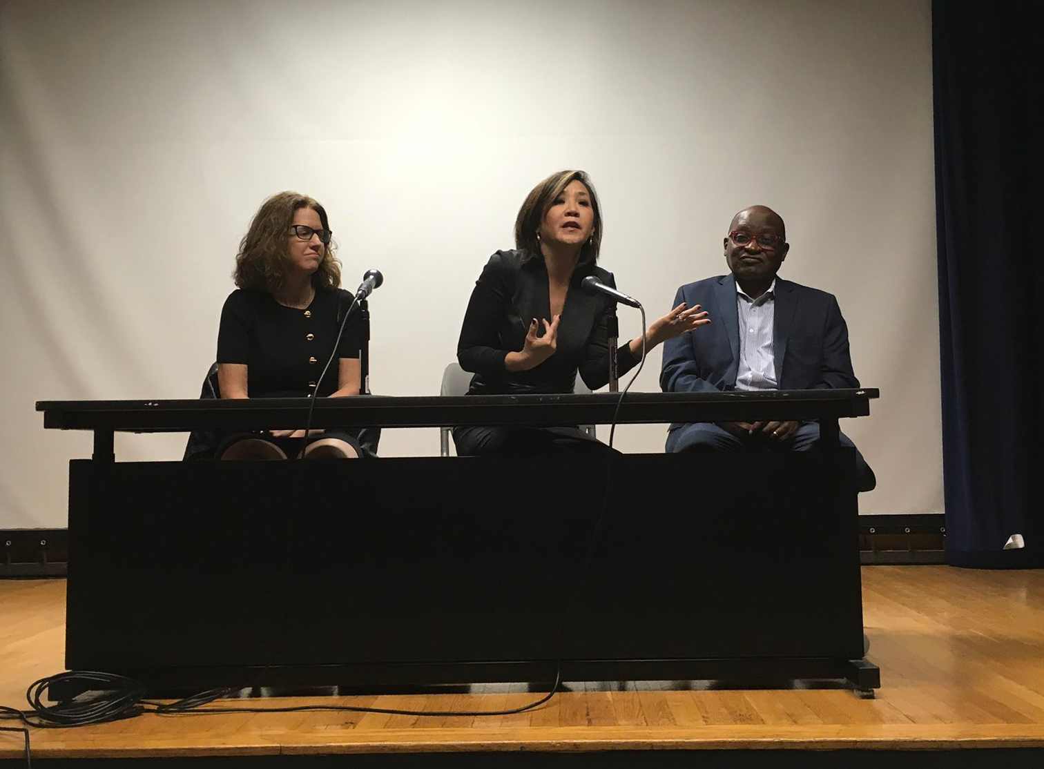 Laura Zelenko, Joie Chen, and Terry Samuel shared their experiences navigating diverse topics in the newsroom. Image by Jeff Barrus. United States, 2017. Media file: diversity_media.png