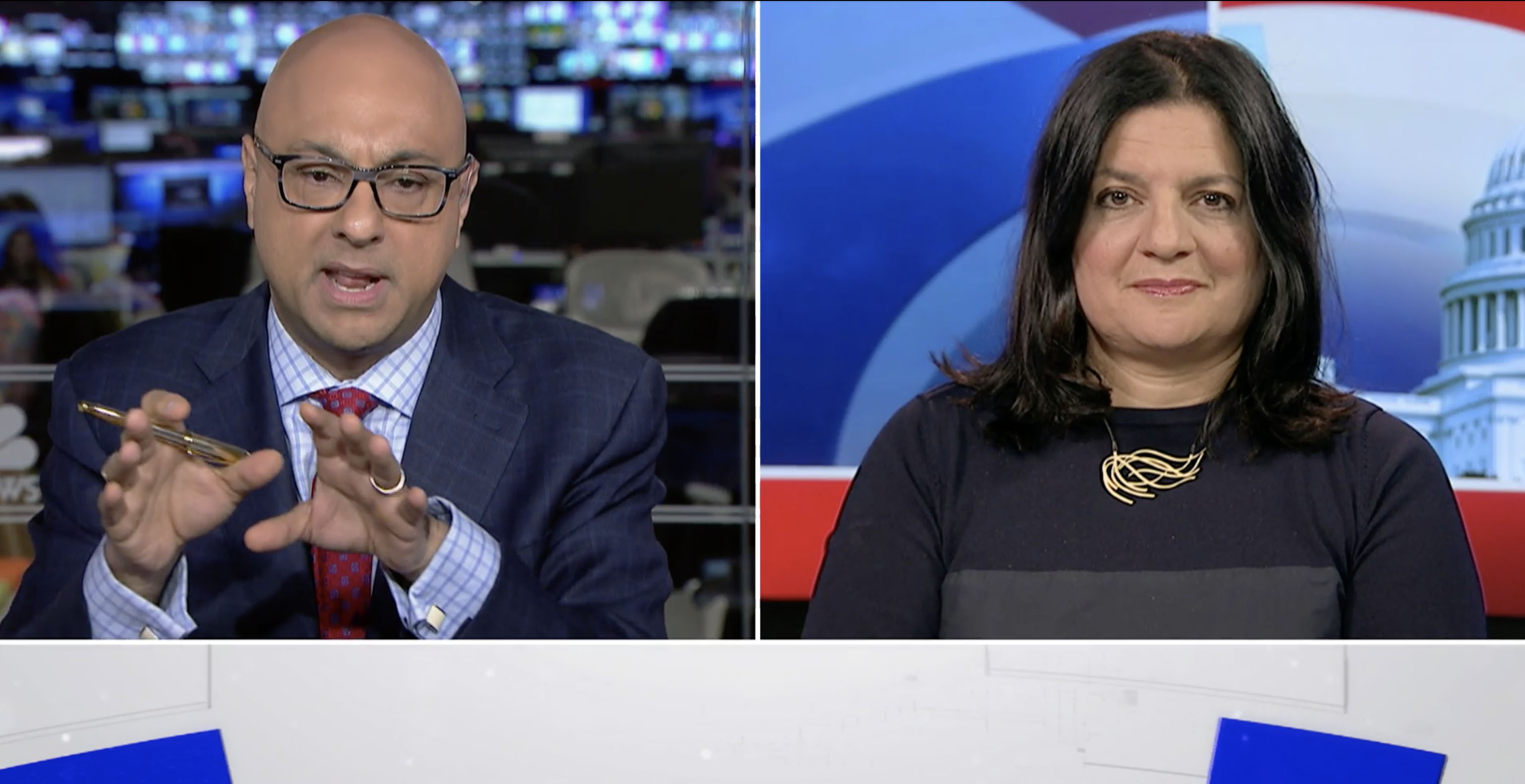 Executive Editor Indira Lakshmanan appeared on MSNBC Live with Ali Velshi to discuss attacks on the media. Image by MSNBC. United States, 2018. Executive Editor Indira Lakshmanan appeared on MSNBC Live with Ali Velshi to discuss attacks on the media. Image by MSNBC. United States, 2018.