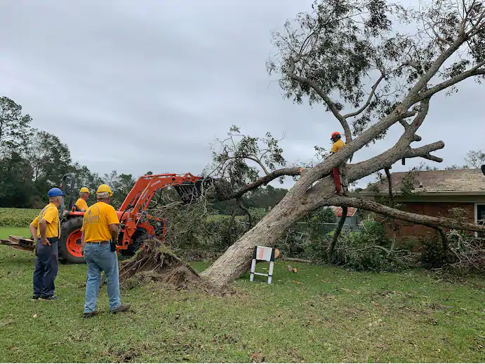 A volunteer disaster relief team with the Florida Baptist Convention removes a downed tree from a home in Silverhill, Ala., on Sept. 22, following Hurricane Sally. Image by Bob Smietana / Religion News Service. United States, 2020. A volunteer disaster relief team with the Florida Baptist Convention removes a downed tree from a home in Silverhill, Ala., on Sept. 22, following Hurricane Sally. Image by Bob Smietana / Religion News Service. United States, 2020.