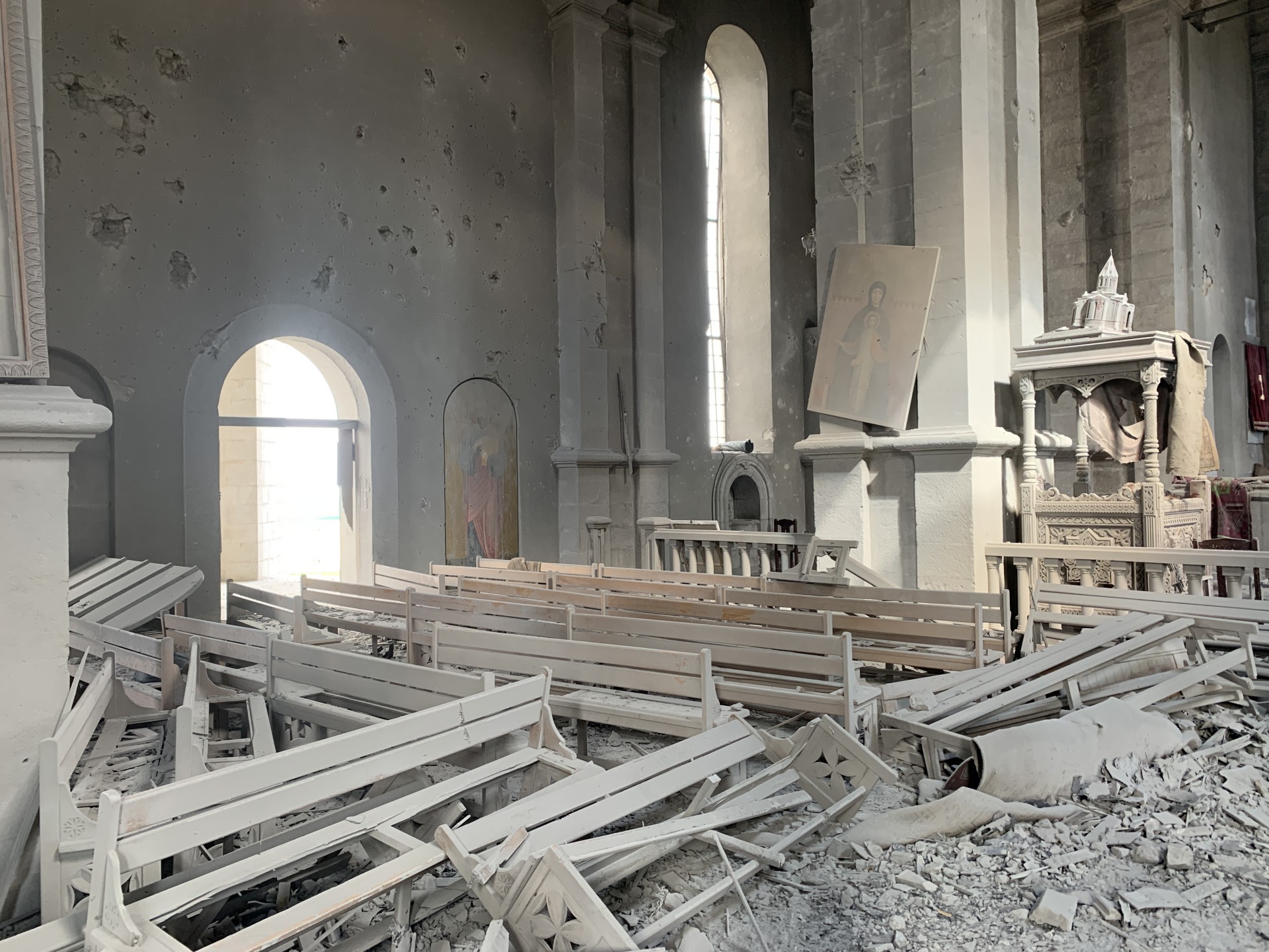 The Ghazanchetsots Cathedral in Shushi which was hit twice with precision strikes that injured a journalist and several others. Image by Simon Ostrovsky/Newlines. Nagorno-Karabakh, 2020. The Ghazanchetsots Cathedral in Shushi which was hit twice with precision strikes that injured a journalist and several others. Image by Simon Ostrovsky/Newlines. Nagorno-Karabakh, 2020.