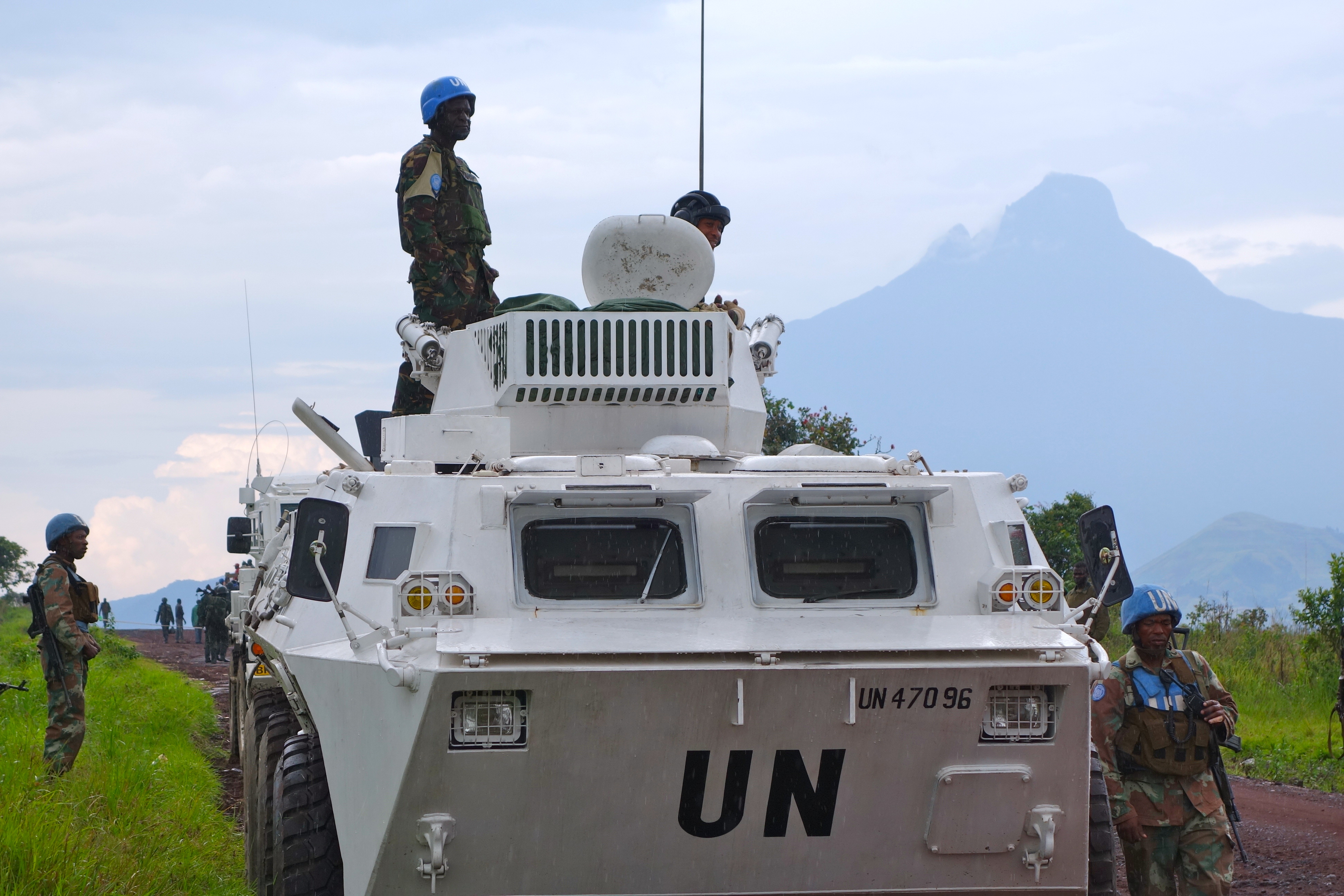 Troops with the UN MONUSCO peacekeeping force on patrol north of Goma. Image by Jon Sawyer. Democratic Republic of Congo, 2013. Media file: dsc02175.jpg