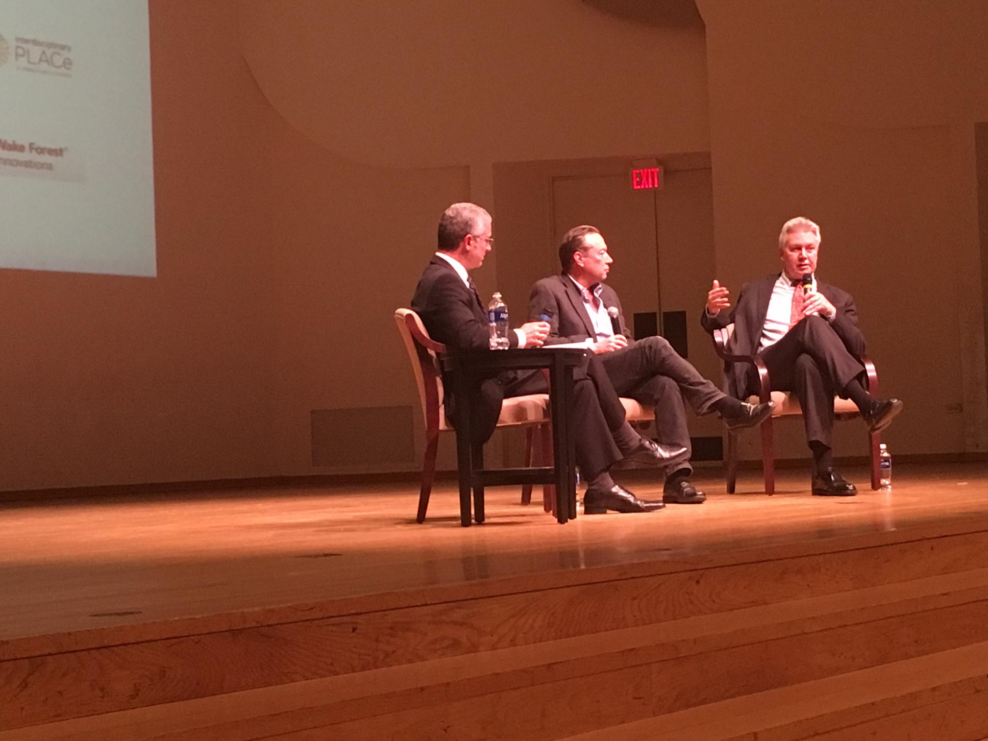 Wake Forest professor Justin Catanoso, "Fractured Lands" author Scott Anderson and Pulitzer Center executive director Jon Sawyer. Winston-Salem, North Carolina, 2016. Media file: wake-forest-scott-anderson.jpg