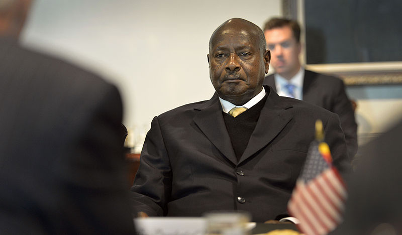 Uganda's President Yoweri Museveni listens as Secretary of Defense Chuck Hagel makes opening comments during a meeting at the Pentagon Image by Glen Fawcett/DoD. United States, 2013.