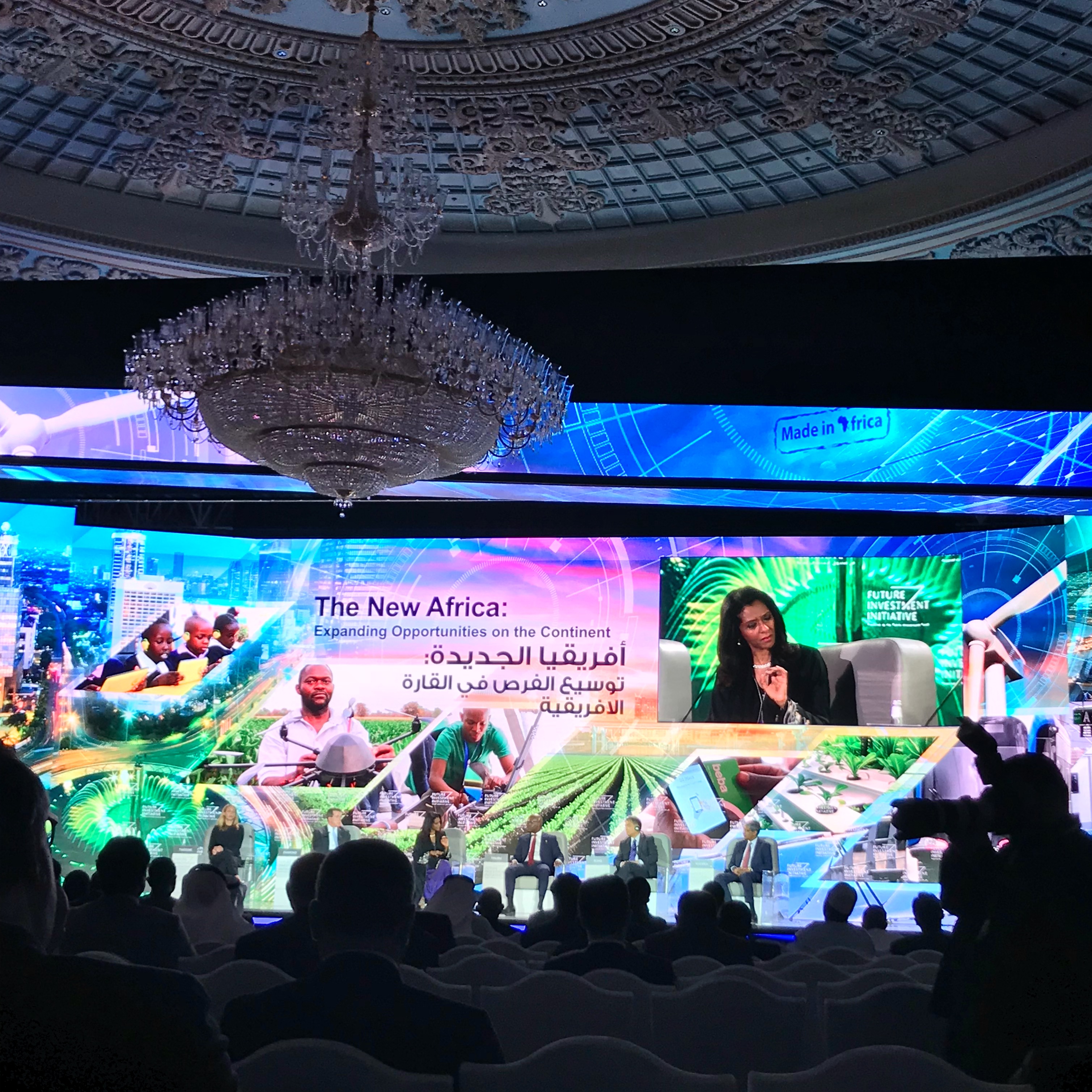 A panel discussion on opportunities in Africa, held at Saudi Arabia's Future Investment Initiatives Forum in Riyadh. Image by Elizabeth Dickinson. Saudi Arabia, 2017. A panel discussion on opportunities in Africa, held at Saudi Arabia's Future Investment Initiatives Forum in Riyadh. Image by Elizabeth Dickinson. Saudi Arabia, 2017.