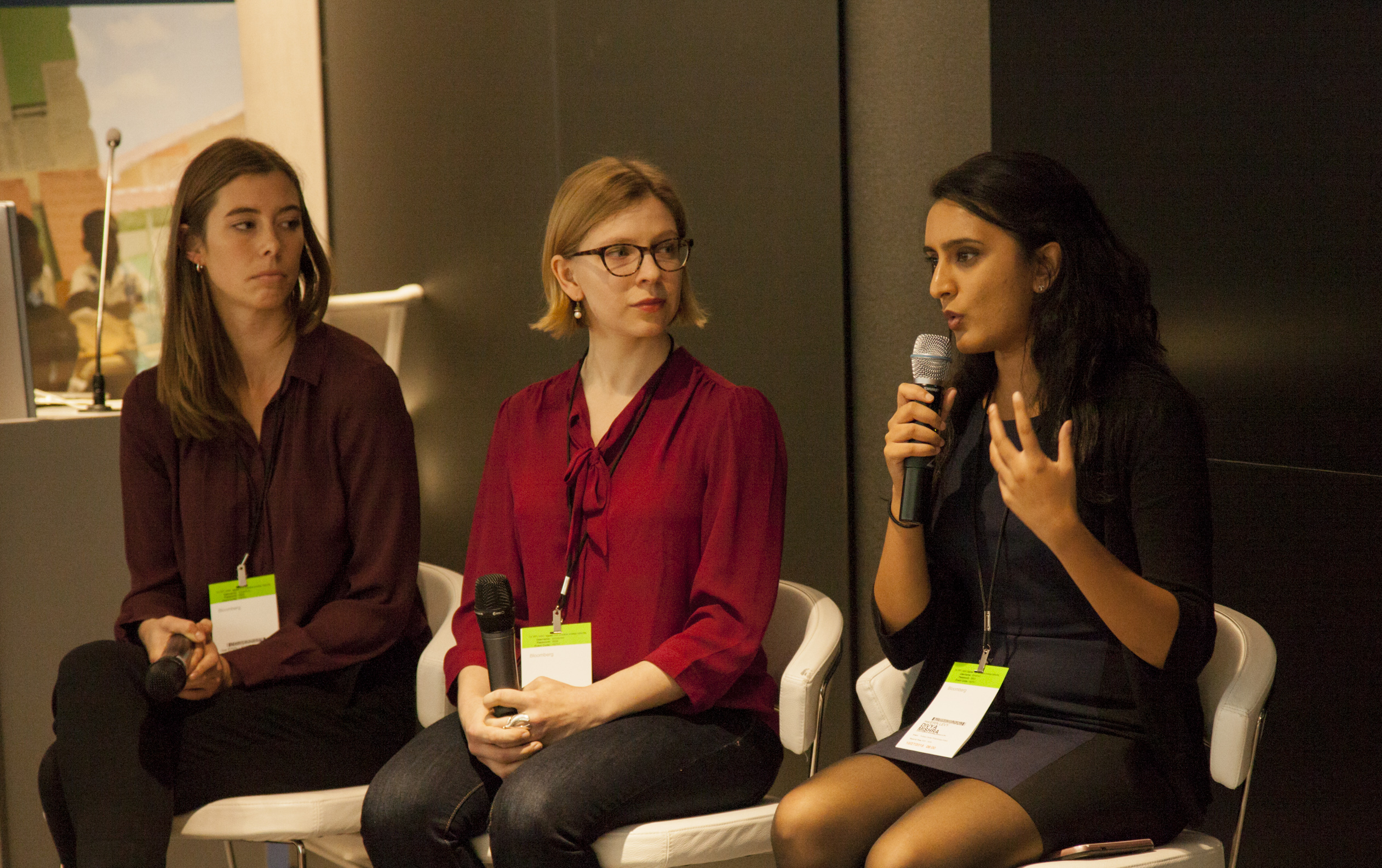 Student Fellow team, Thea Piltzecker and Liz Scherffius (Columbia University Graduate School of Journalism) listening to Divya Mishra (Johns Hopkins Bloomberg School of Public Health) during the Q&A for The Refugee Experience Panel at 2018 Washington Weekend. Image by Jin Ding. United States, 2018. Student Fellow team, Thea Piltzecker and Liz Scherffius (Columbia University Graduate School of Journalism) listening to Divya Mishra (Johns Hopkins Bloomberg School of Public Health) during the Q&A for The Refugee Experience Panel at 2018 Washington Weekend. Image by Jin Ding. United States, 2018.