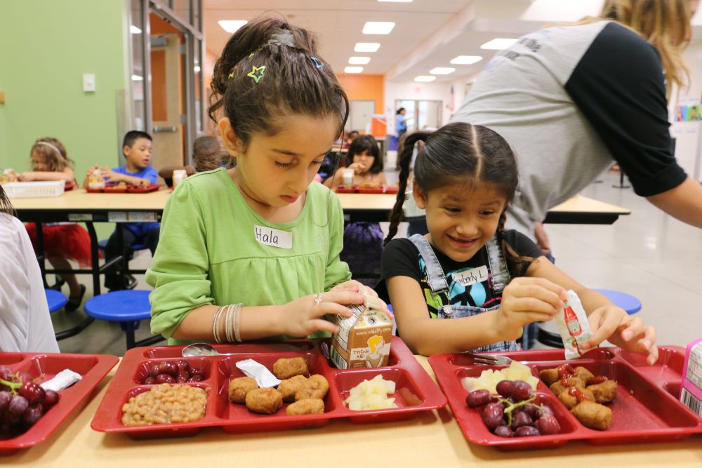 The food at school is unfamiliar. Hala just pokes at her "wiener dogs." She struggles to open a milk carton while the girl beside her wrestles with a ketchup packet. Image by Robin Shulman. Des Moines, IA, 2016. The food at school is unfamiliar. Hala just pokes at her "wiener dogs." She struggles to open a milk carton while the girl beside her wrestles with a ketchup packet