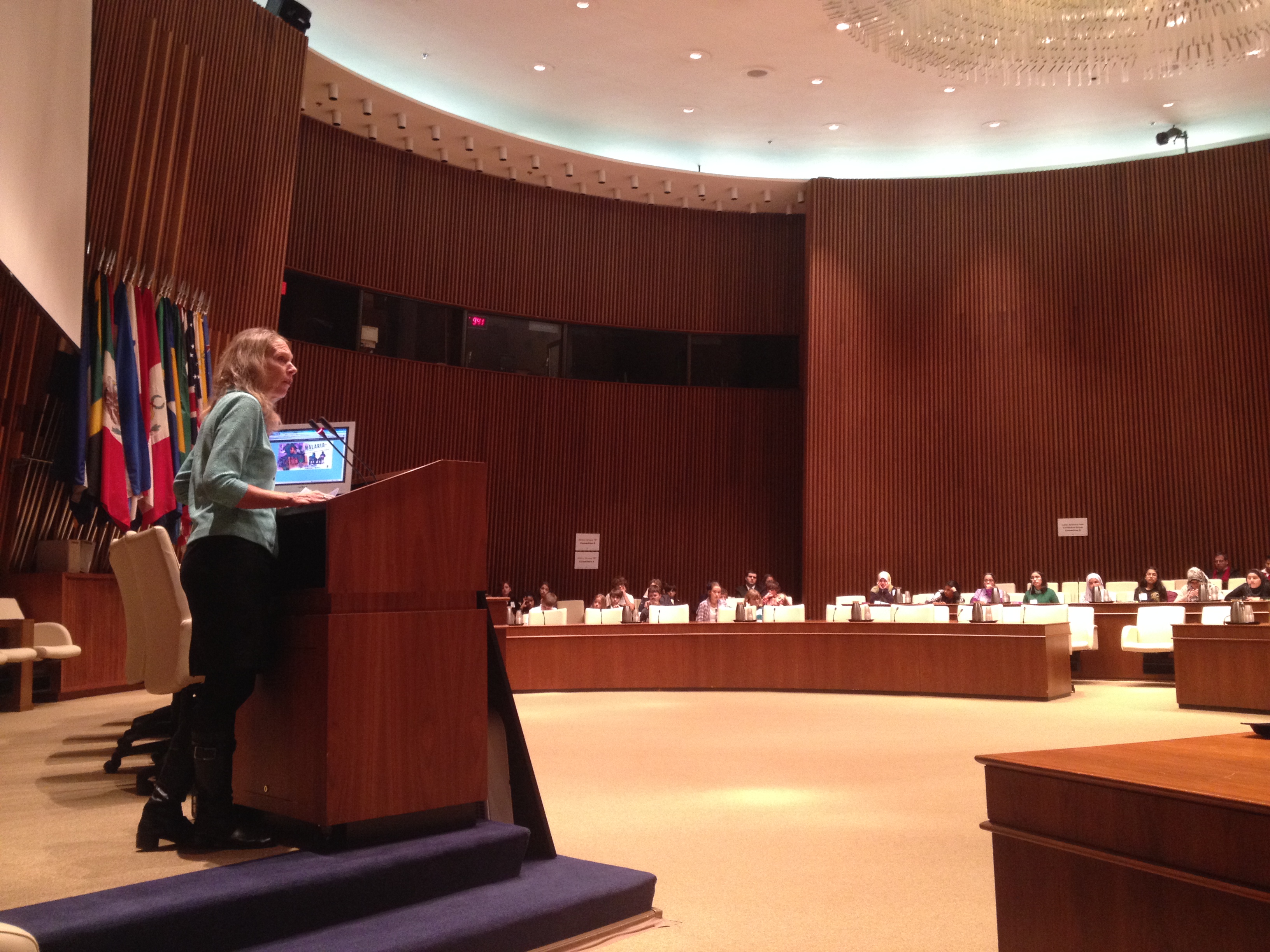 Pulitzer Center contributing editor Kem Knapp Sawyer addresses a conference of 130 middle-school Model UN students at the Pan-American Health Organization. Media file: img_3715.jpg