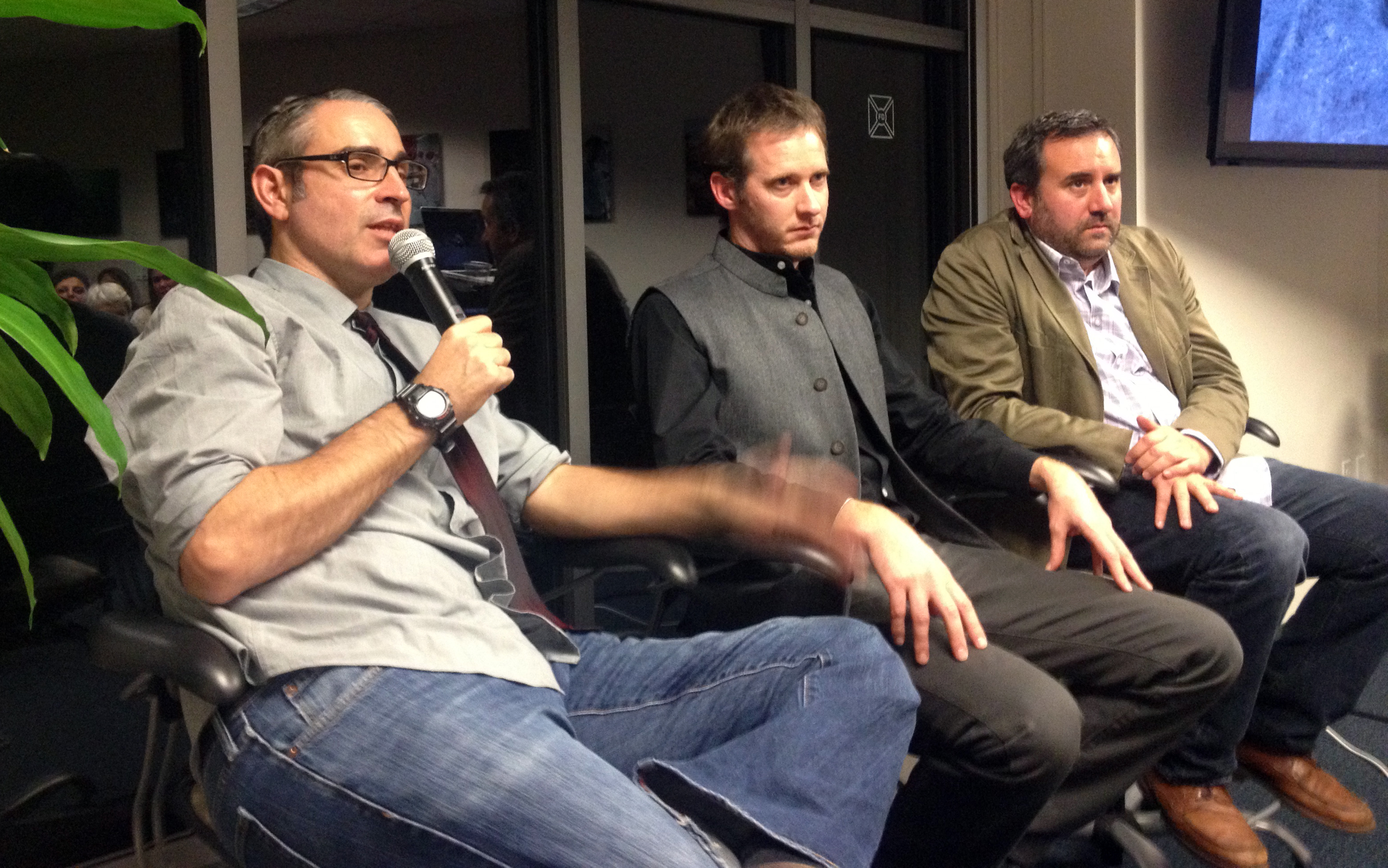 (From left) Louie Palu, Tomas van Houtryve and Greg Constantine answer audience questions at the Talks @ Pulitzer event.
