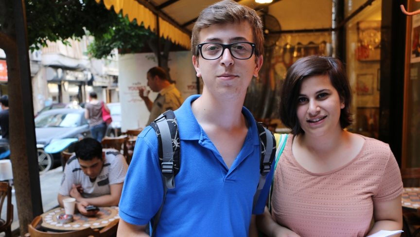 Best friends Ryan and Noor are an unlikely match. He belongs to a religious sect called the Druze, and she is a Sunni Muslim. Kids from different religious groups don't normally hang out in Lebanon, let alone become inseparable friends. Image by Ari Daniel. Lebanon, 2014. Media file: ryanoor.jpg