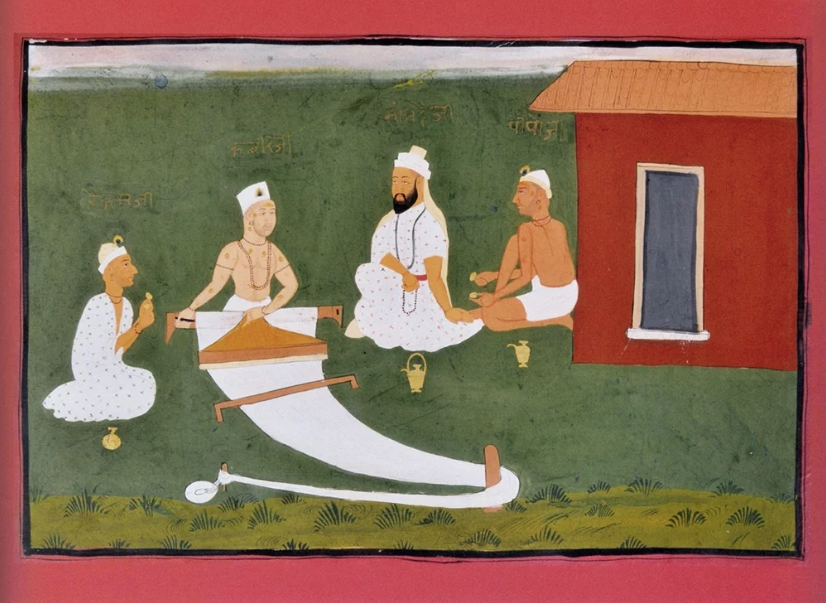 Kabir, second from left, weaves while talking with Namdeva, Raidas and Pipaji. Painting from Jaipur, India, early 19th century. Image courtesy of National Museum New Delhi / Creative Commons. Kabir, second from left, weaves while talking with Namdeva, Raidas and Pipaji. Painting from Jaipur, India, early 19th century. Image courtesy of National Museum New Delhi / Creative Commons.