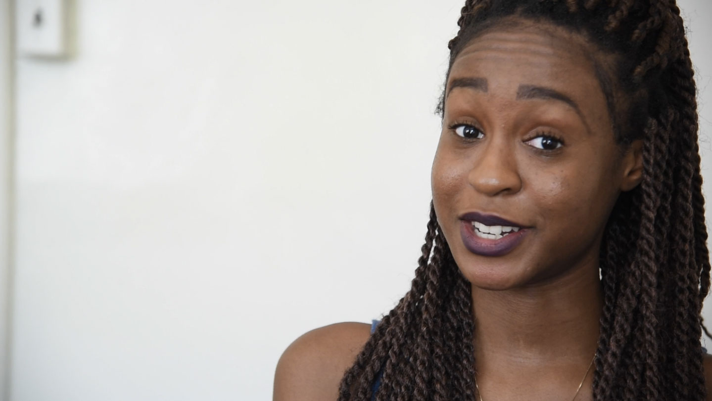 Samira, a senior at School Without Walls, reflects on her experience using the "Beauty and Truth" Global Thinking Routine in her class as part of the Global Lens seminar work. Screenshot of video by Carey Averbook and Amanda Ottaway. Washington, DC, 2015. Media file: samira-for-blog.jpg