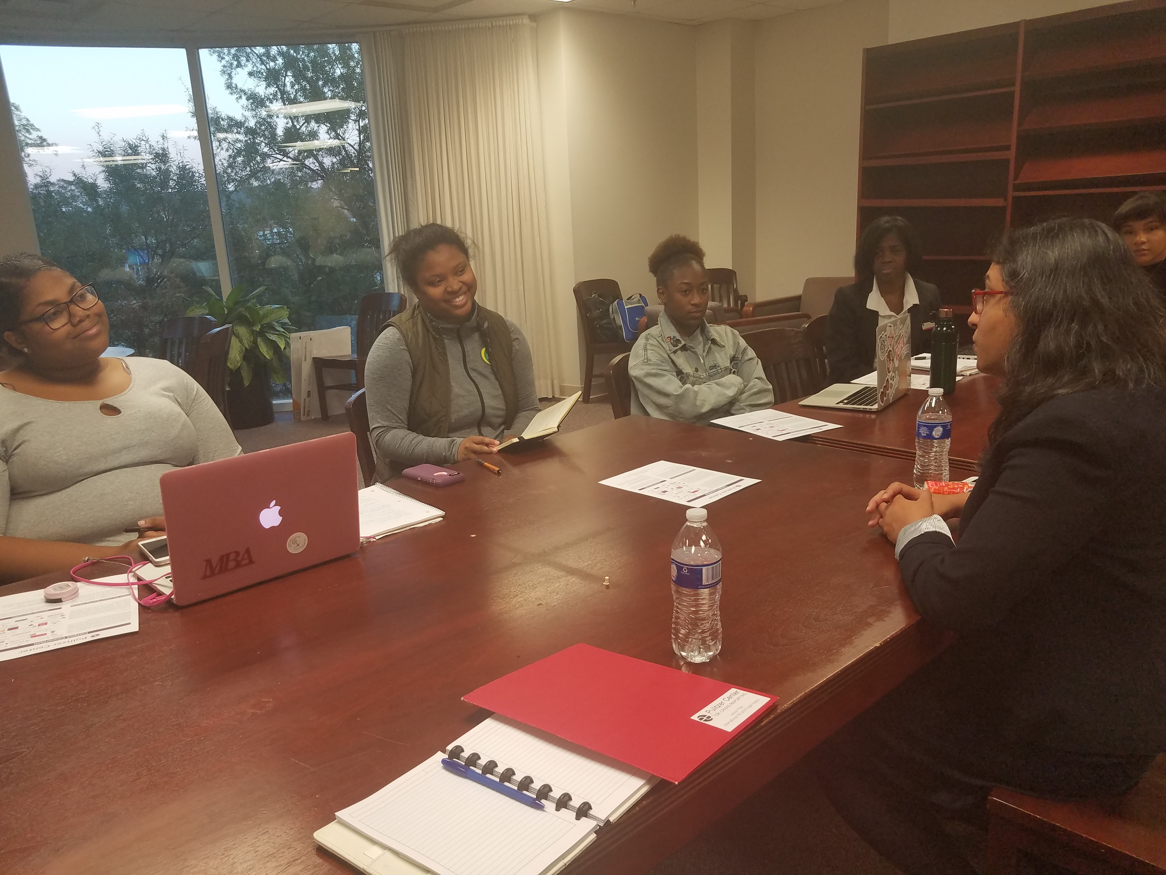Gaiutra Bahadur discusses her work as a journalist and author with students at Spelman College in Atlanta, Georgia. Image by Kayla Sharpe. United States, 2017. Media file: 20171113_173531_1.jpg